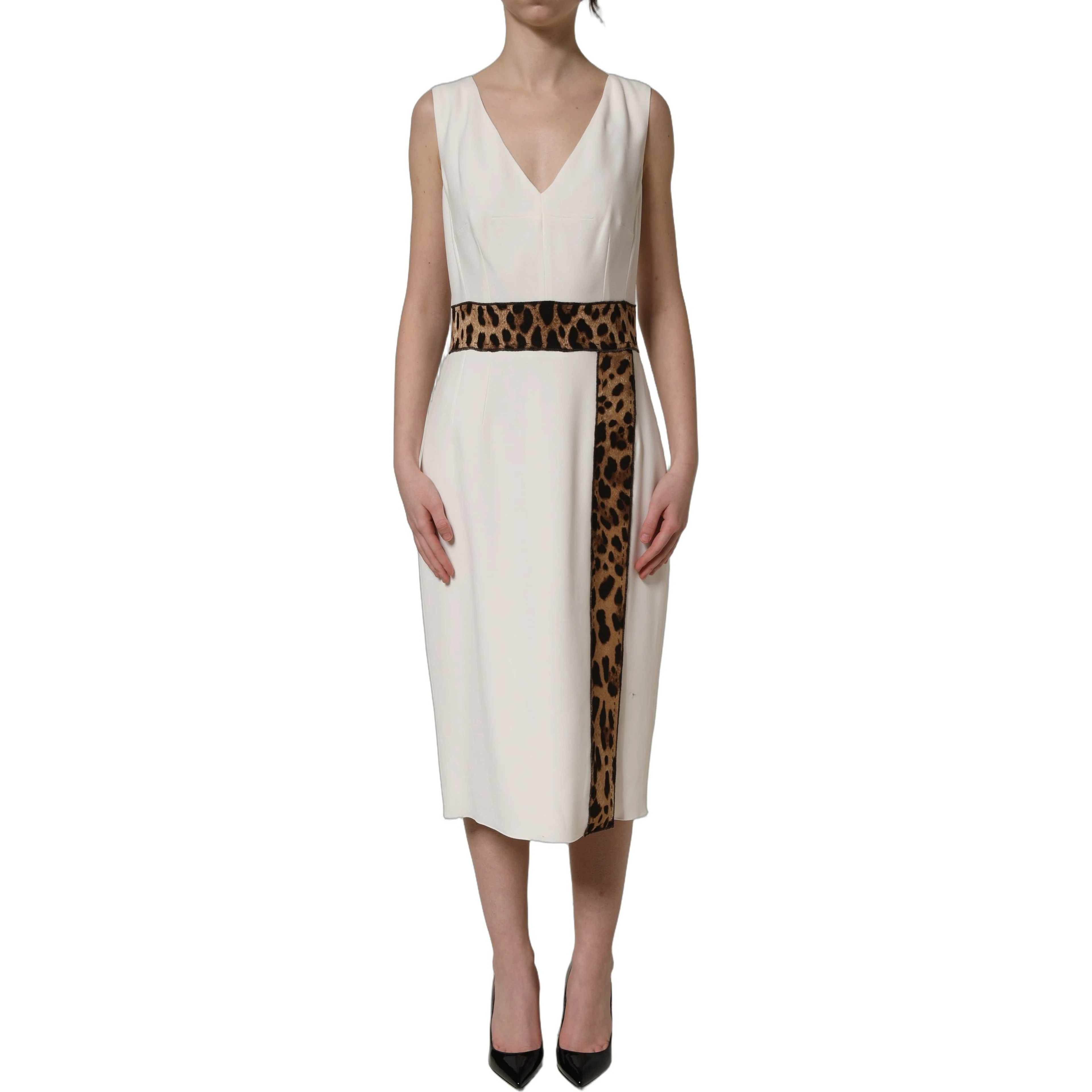 White Leopard Sleeveless Sheath Midi Dress
