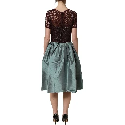 Multicolor Floral Lace Taffeta Pleated Midi Dress