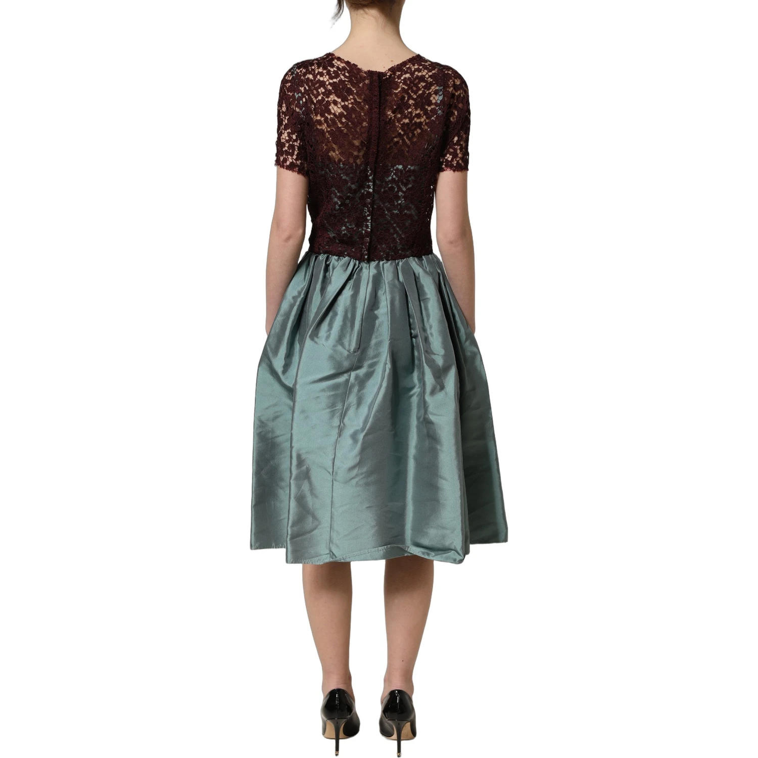 Multicolor Floral Lace Taffeta Pleated Midi Dress