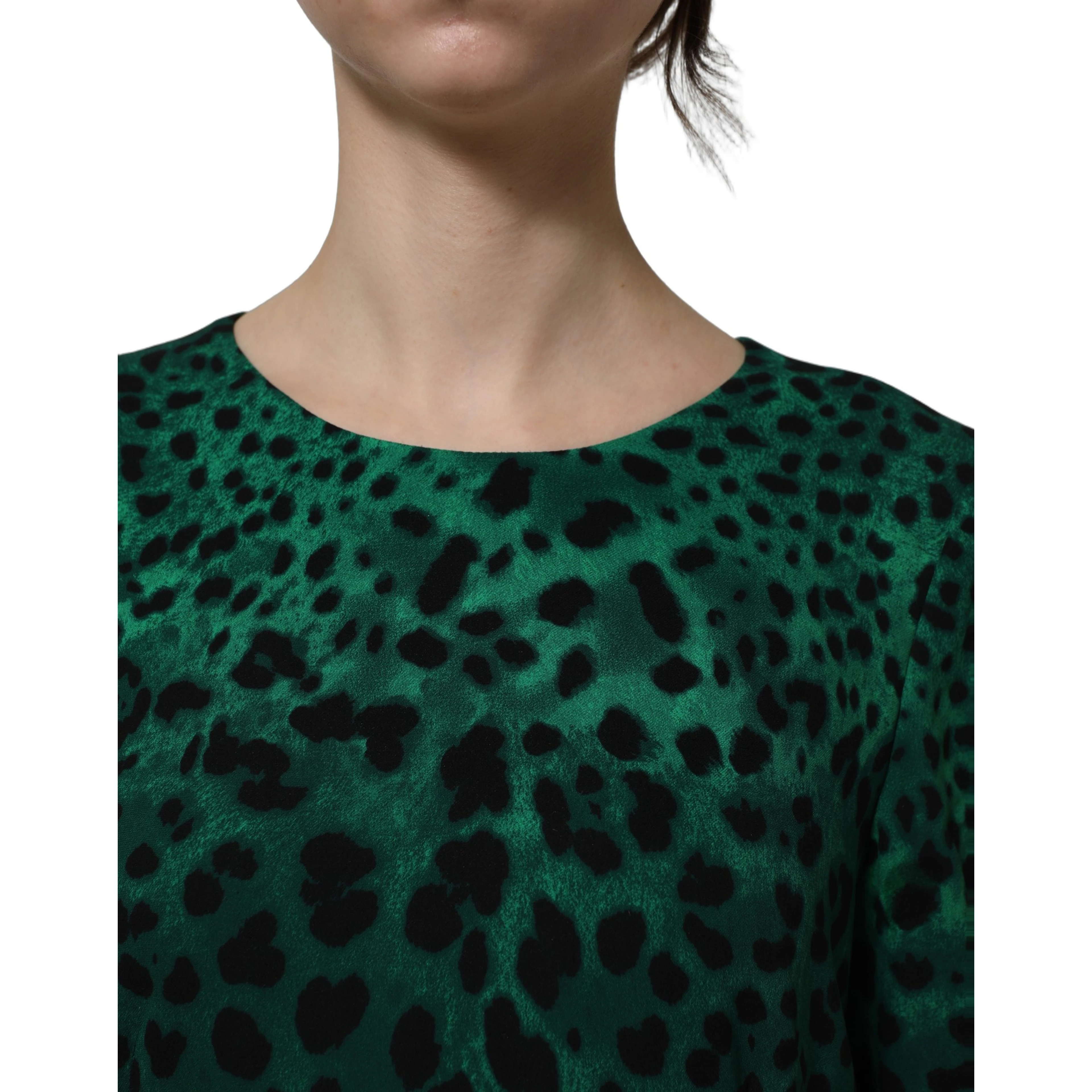 Green Leopard Print Silk Knee Length Dress
