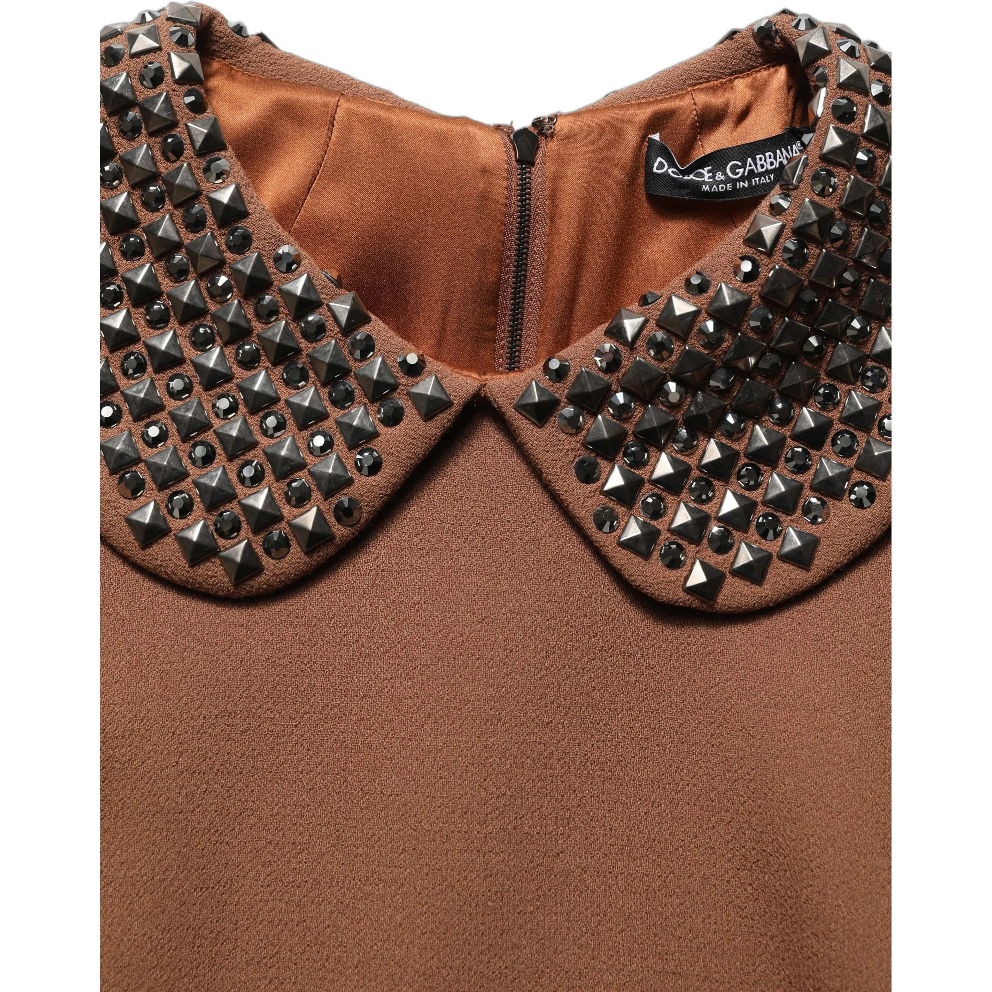 Brown Wool Rhinestone Embellished Midi Dress
