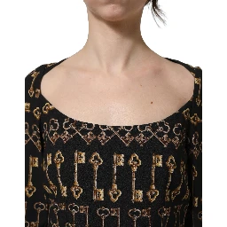 Black Key Print Long Sleeves Sheath Midi Dress