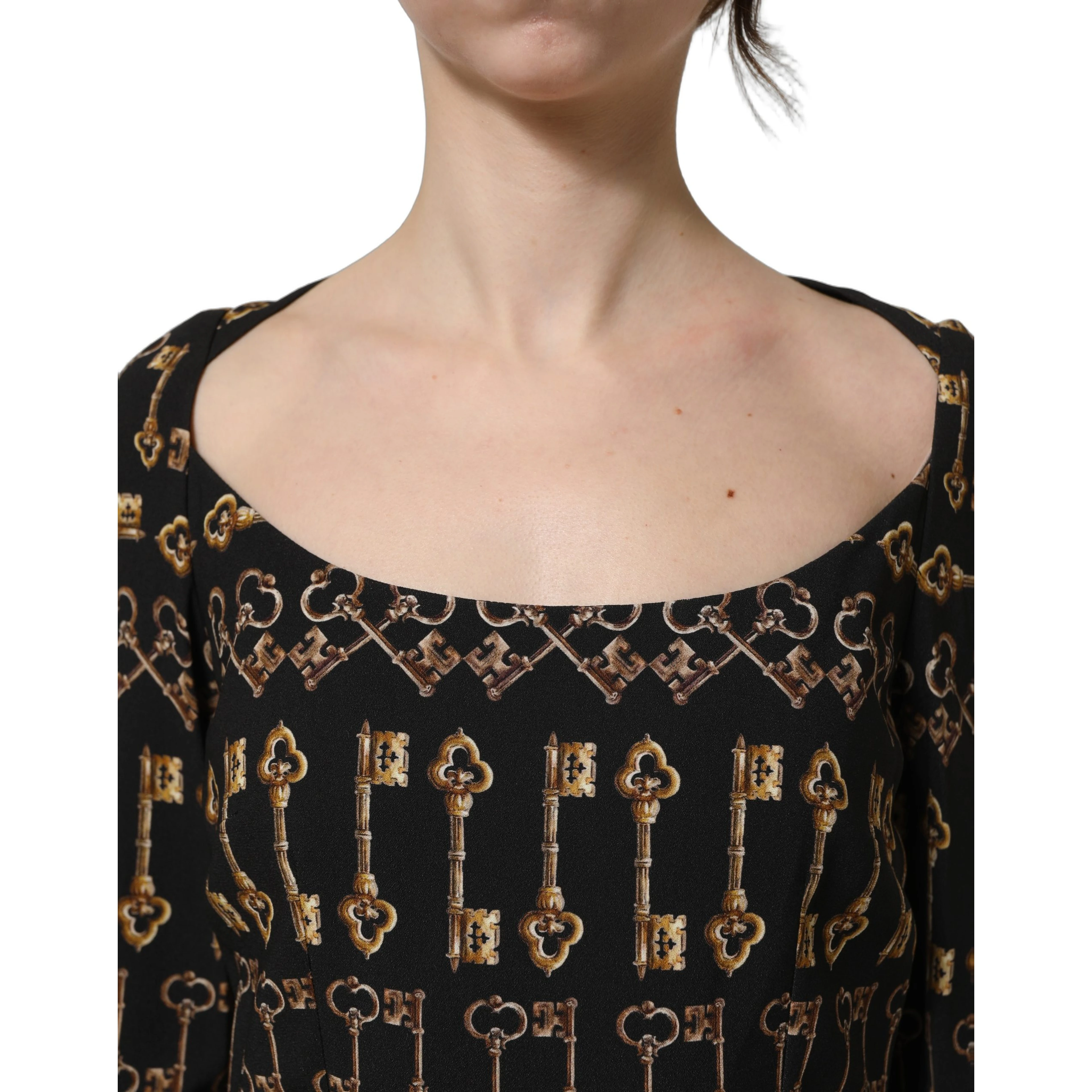 Black Key Print Long Sleeves Sheath Midi Dress