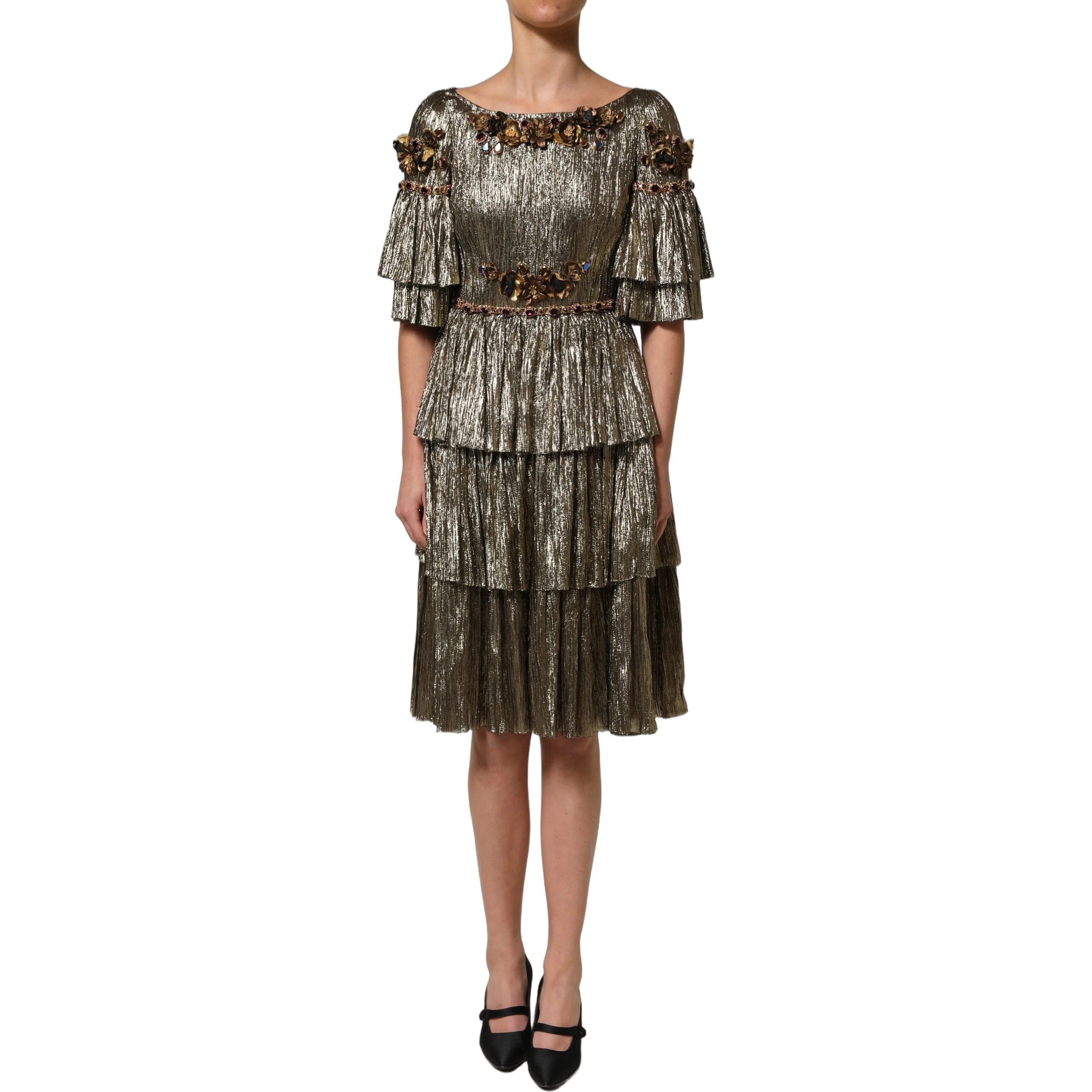 Metallic Gold Embellished Tiered Midi Dress