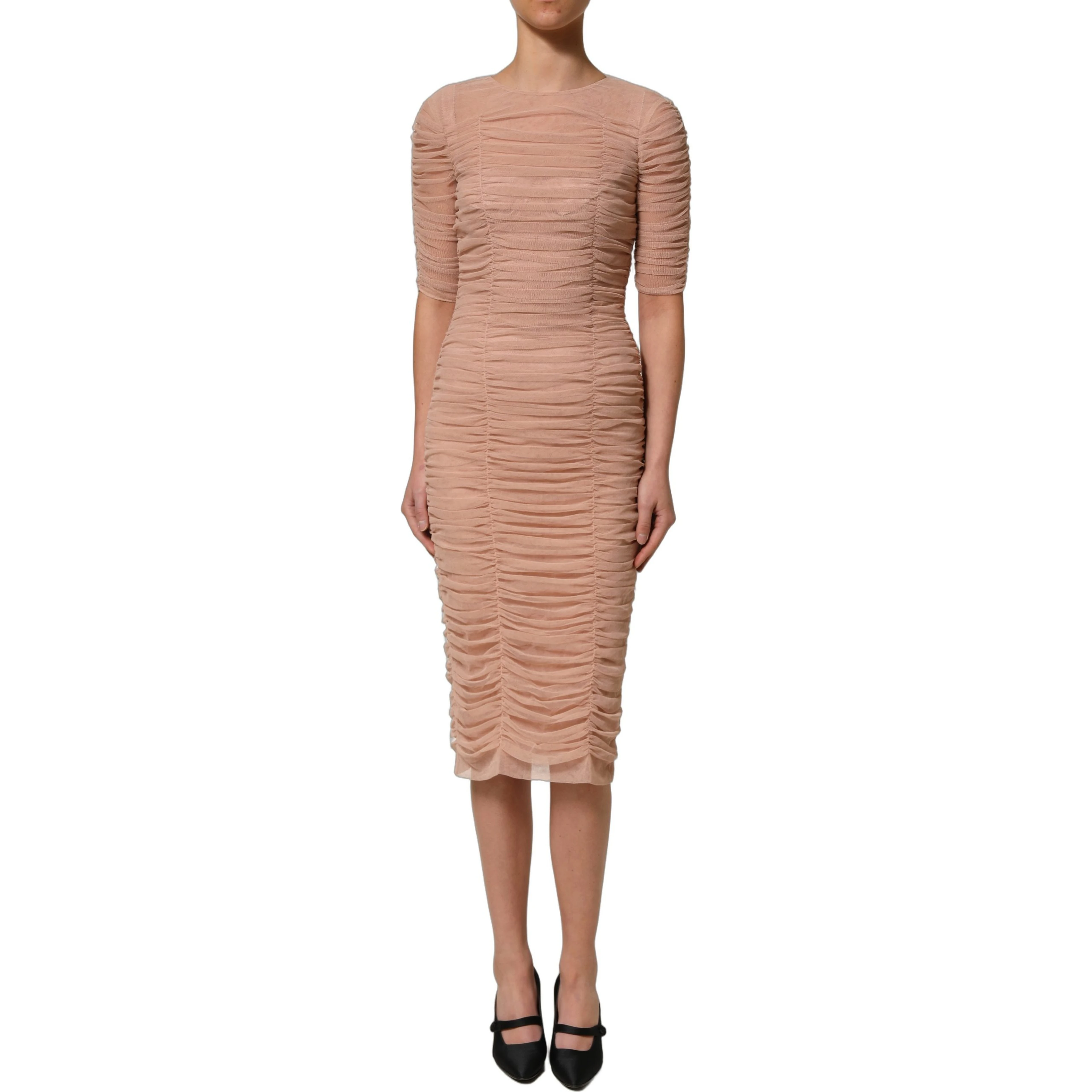 Beige Cotton Mesh Ruched Sheath Midi Dress