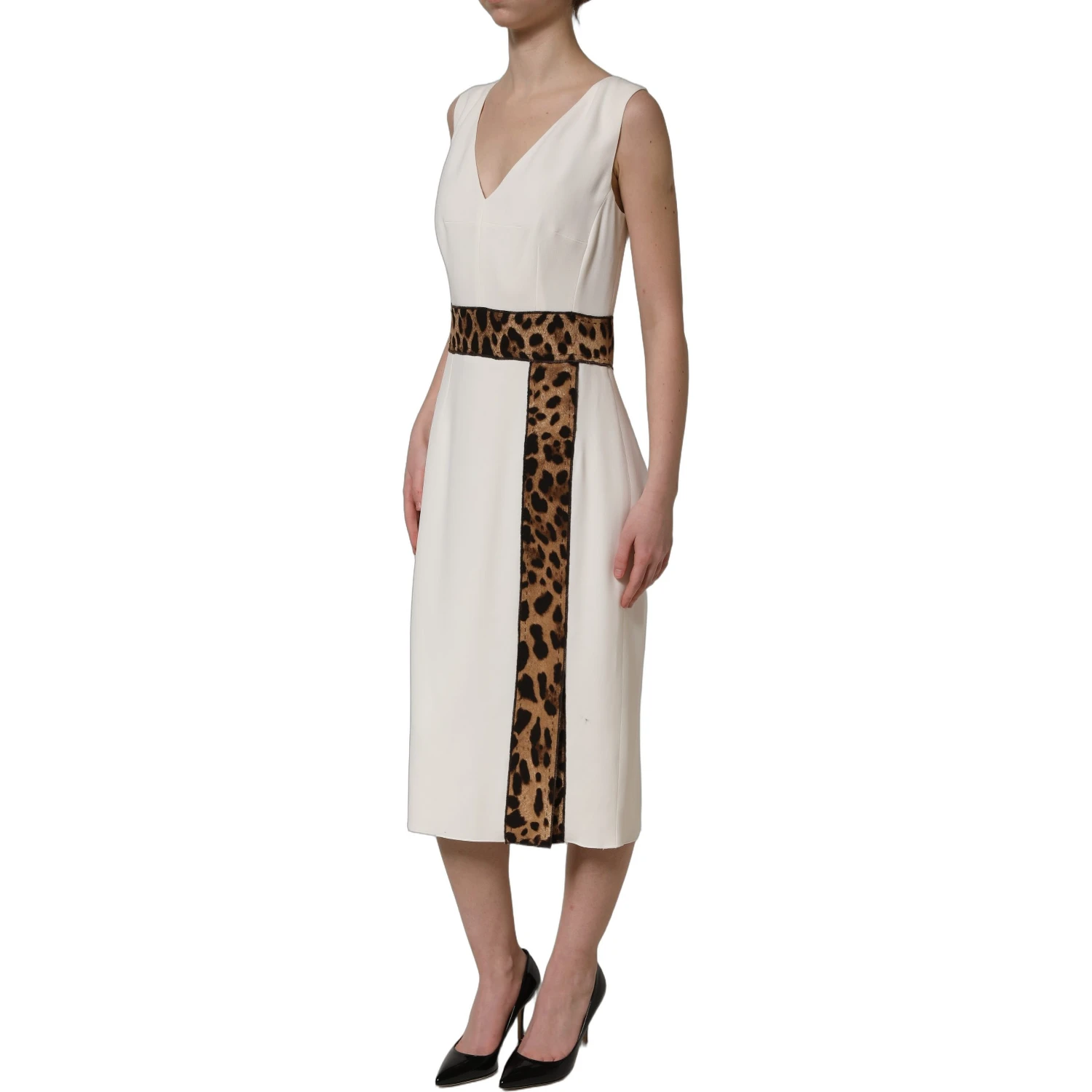 White Leopard Sleeveless Sheath Midi Dress