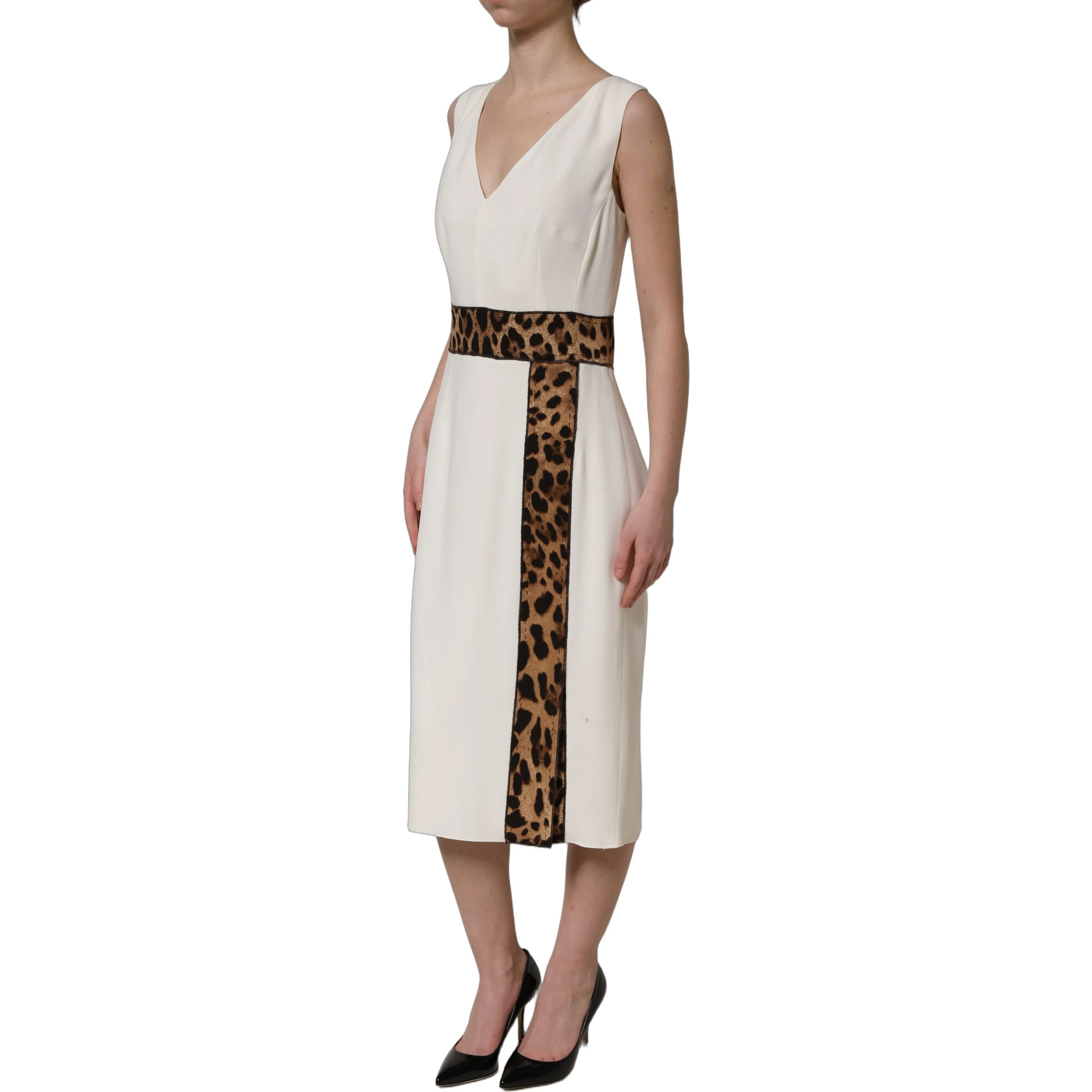 White Leopard Sleeveless Sheath Midi Dress