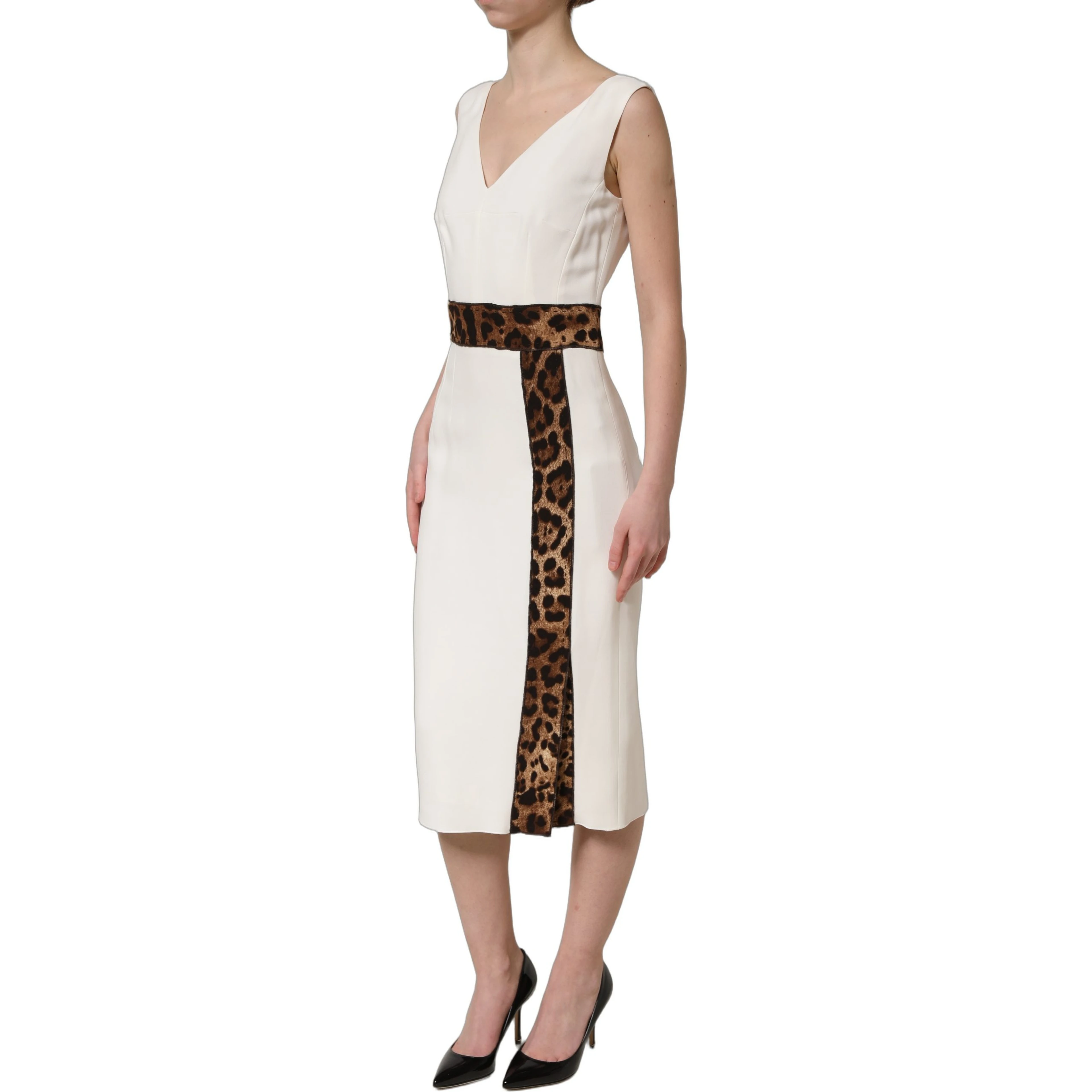 White Leopard Sleeveless Sheath Midi Dress