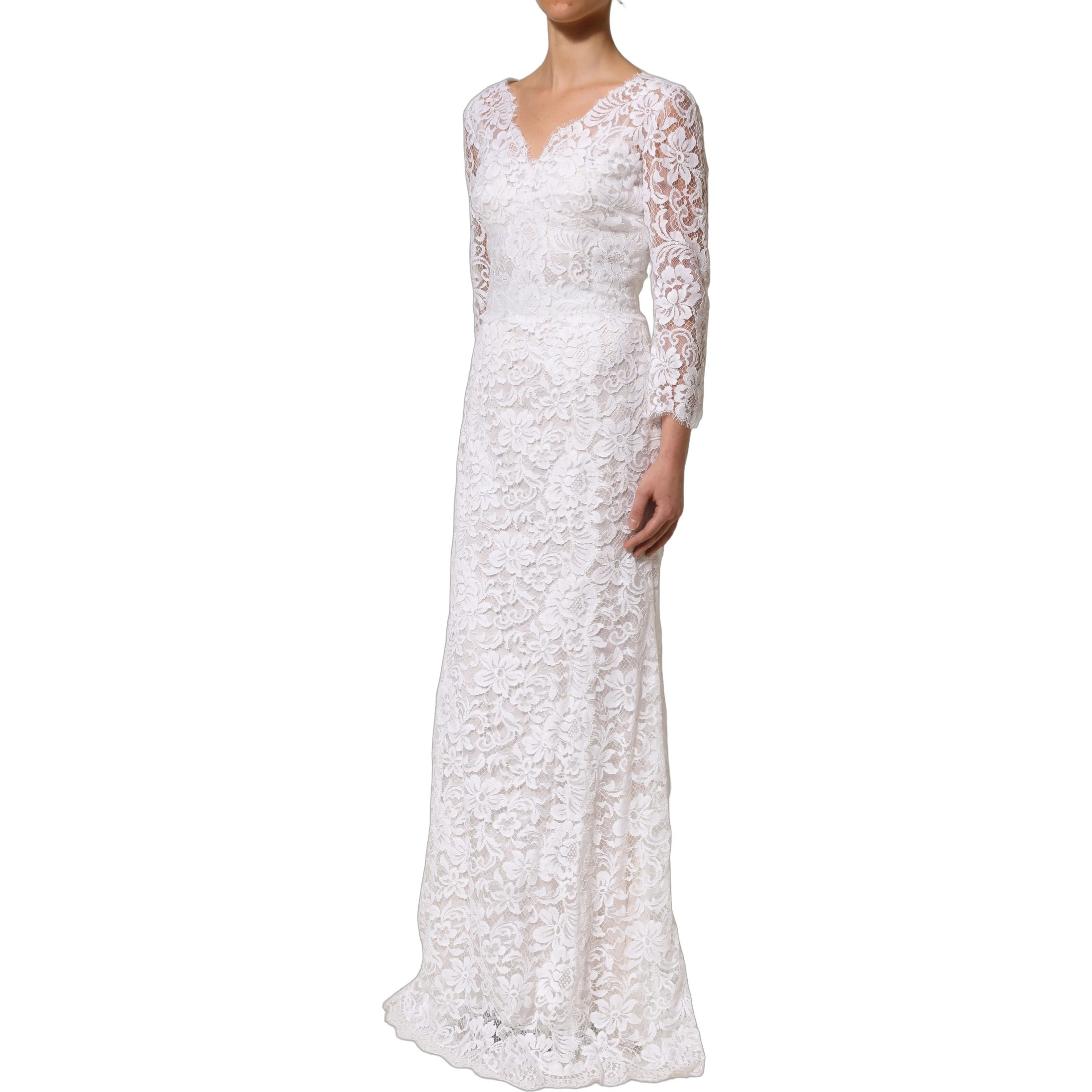 White Cotton Floral Lace Long Gown Dress