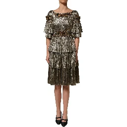 Metallic Gold Embellished Tiered Midi Dress