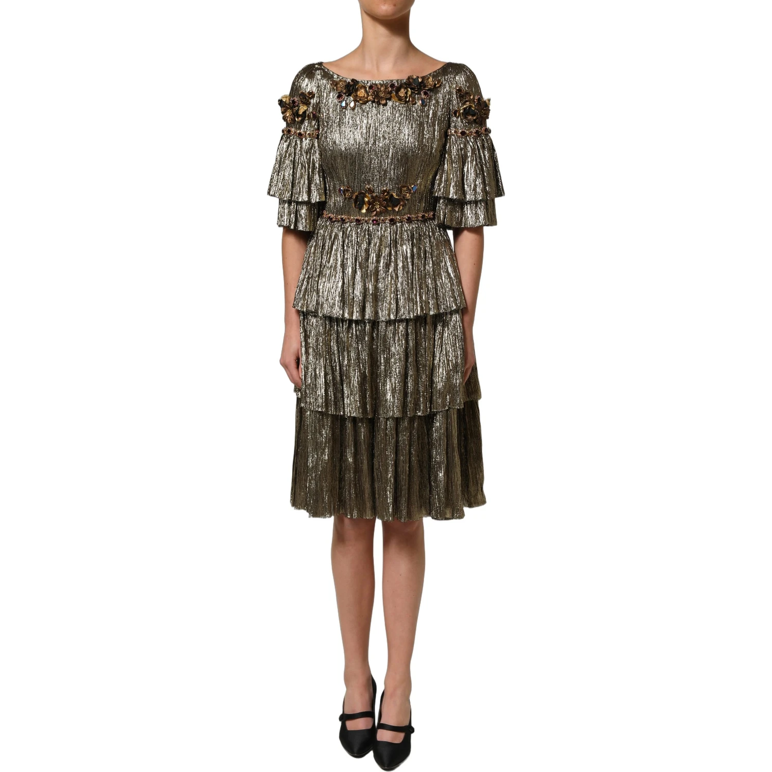 Metallic Gold Embellished Tiered Midi Dress