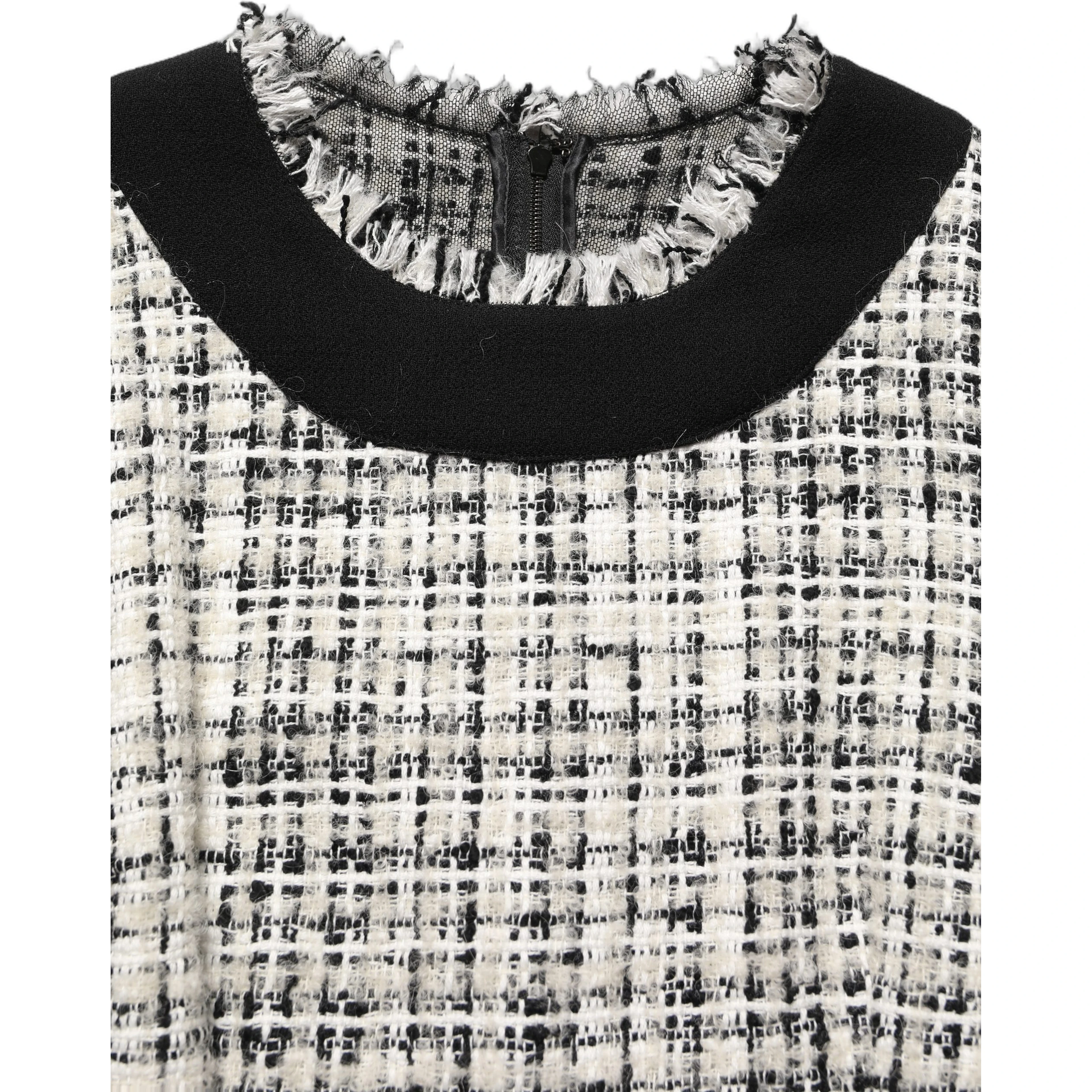 Multicolor Bouclé Tweed Frayed Trim Midi Dress