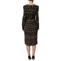 Black Key Print Long Sleeves Sheath Midi Dress