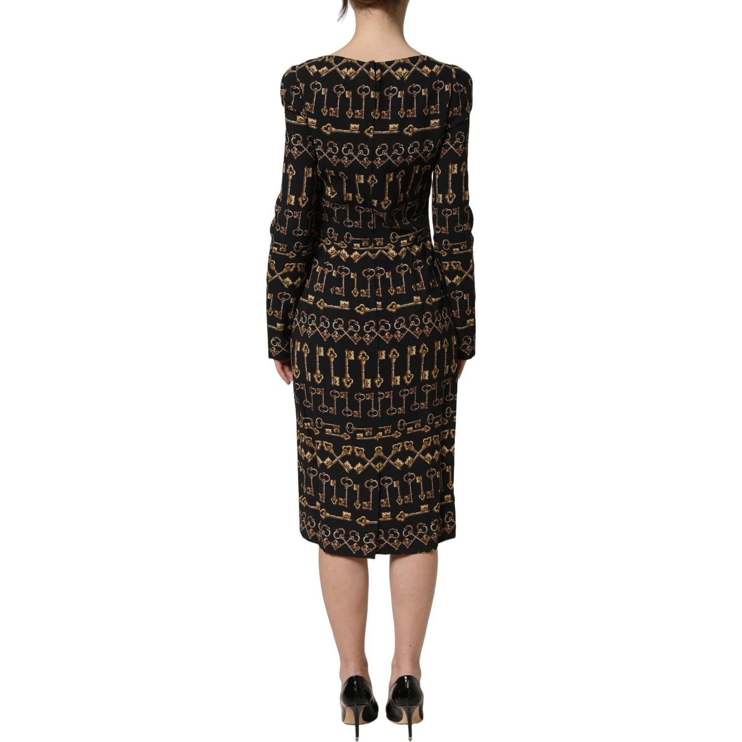 Black Key Print Long Sleeves Sheath Midi Dress