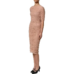Beige Cotton Mesh Ruched Sheath Midi Dress