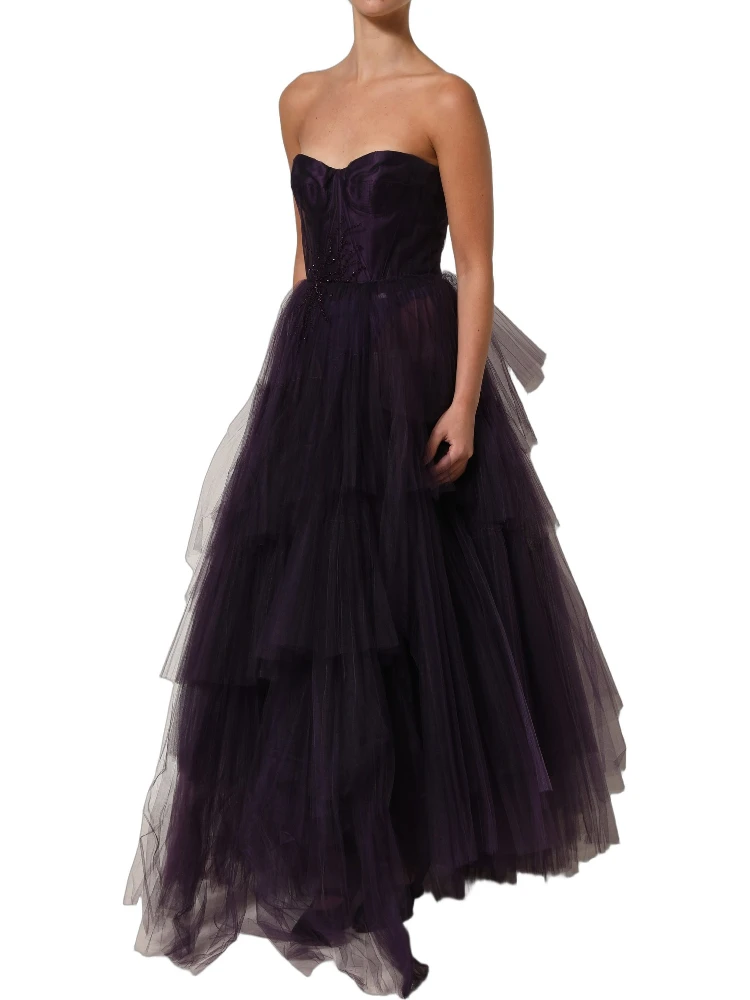 Purple Tiered Tulle Silk Long Gown Dress