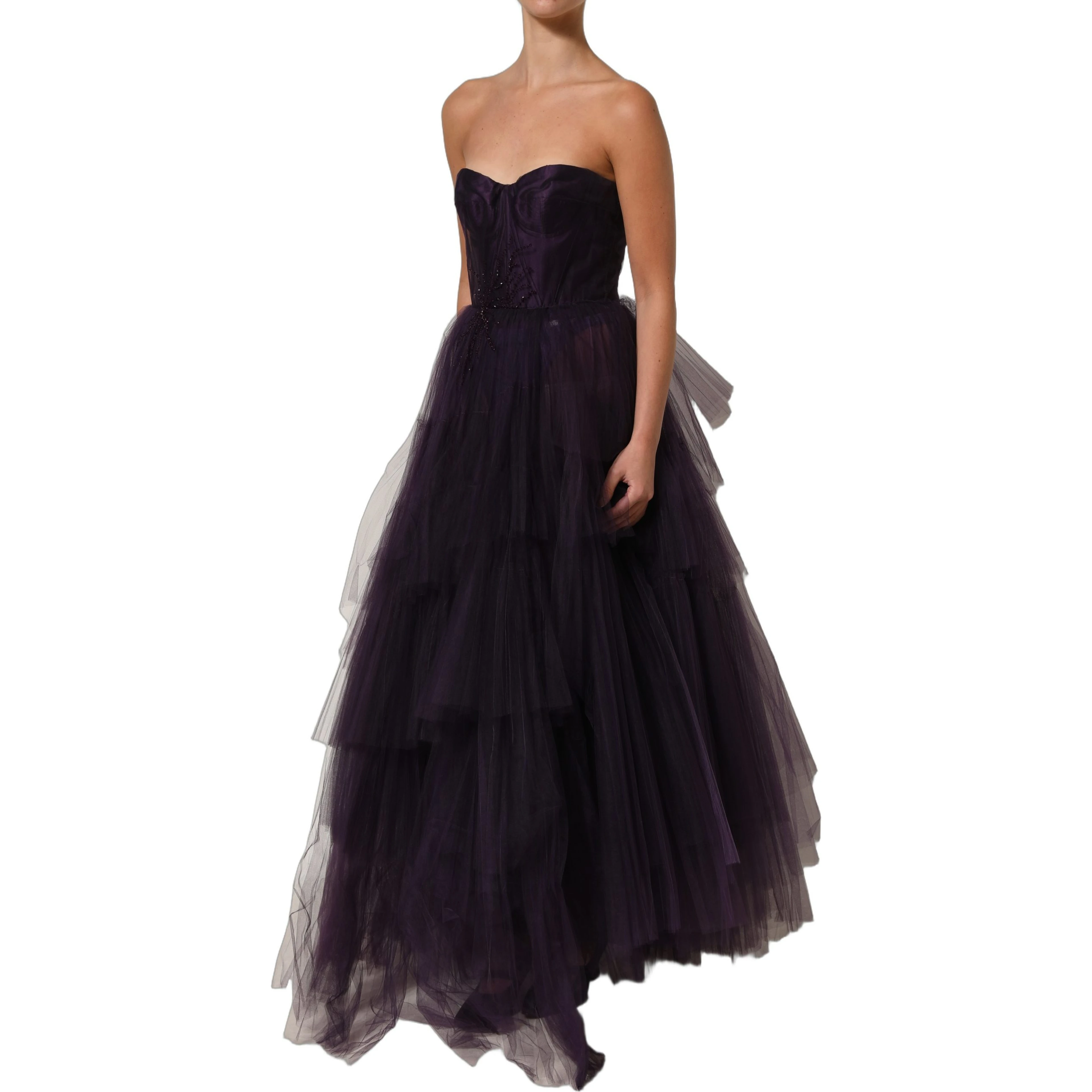 Purple Tiered Tulle Silk Long Gown Dress