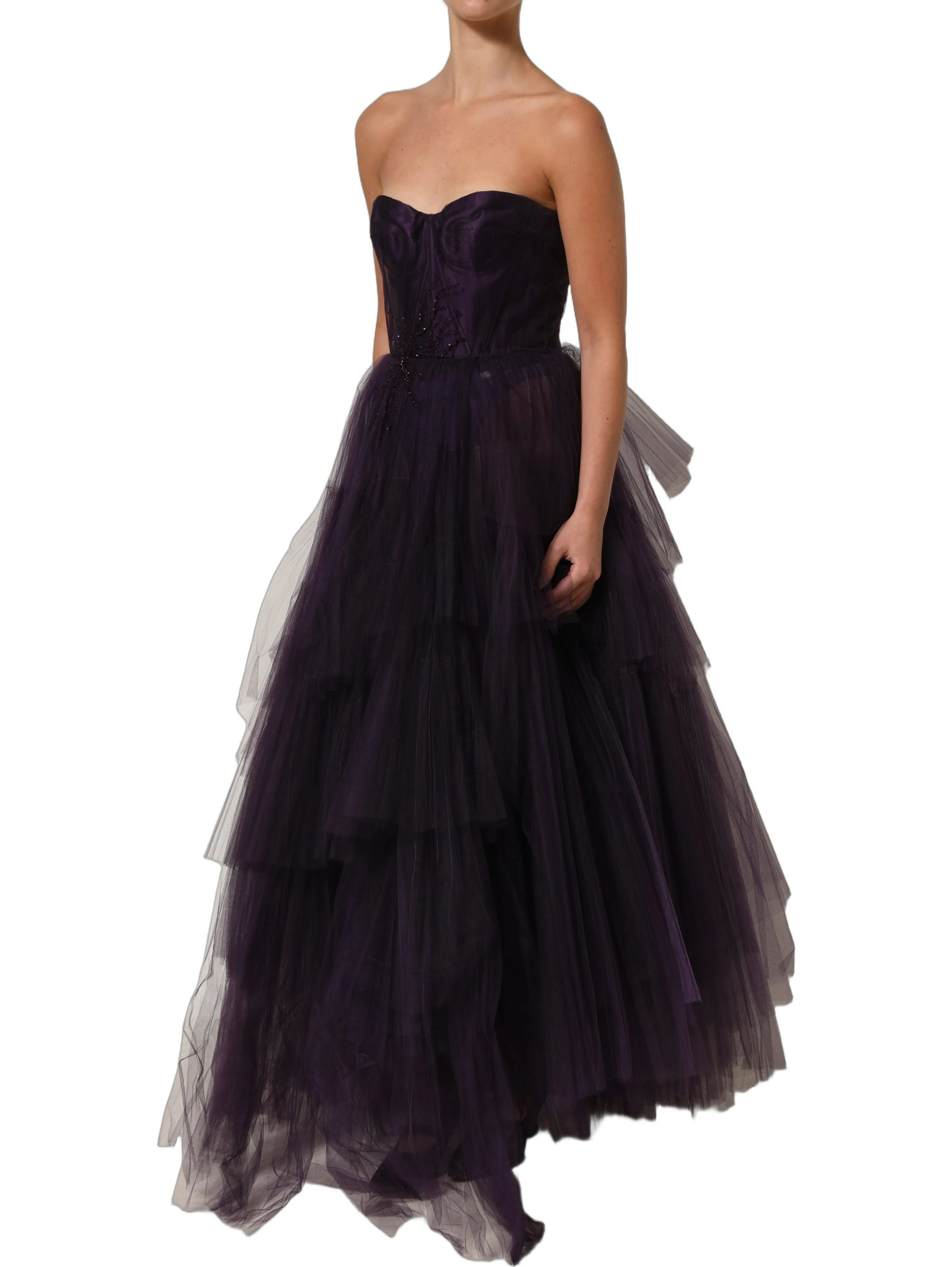 Purple Tiered Tulle Silk Long Gown Dress