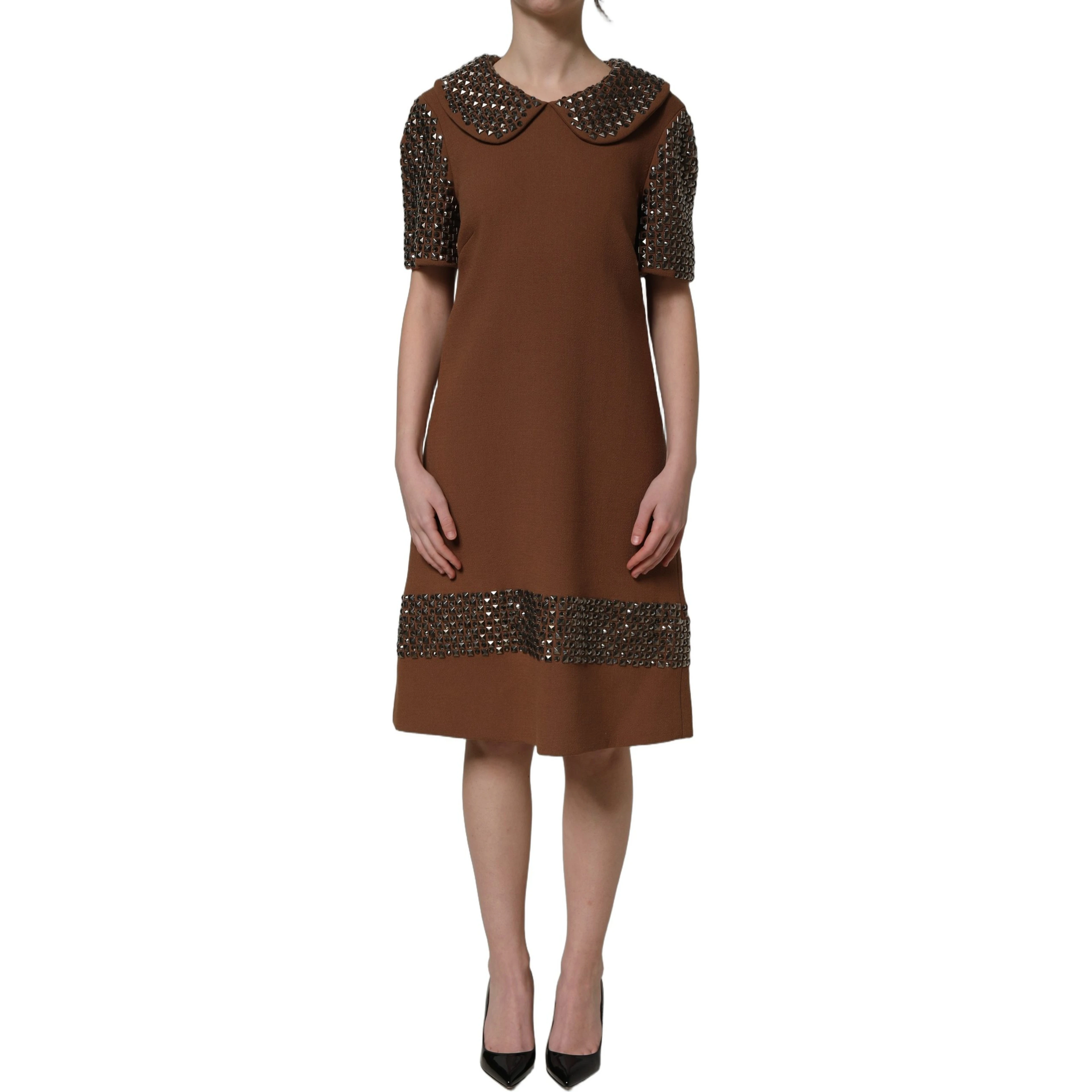 Brown Wool Rhinestone Embellished Midi Dress