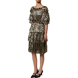 Metallic Gold Embellished Tiered Midi Dress