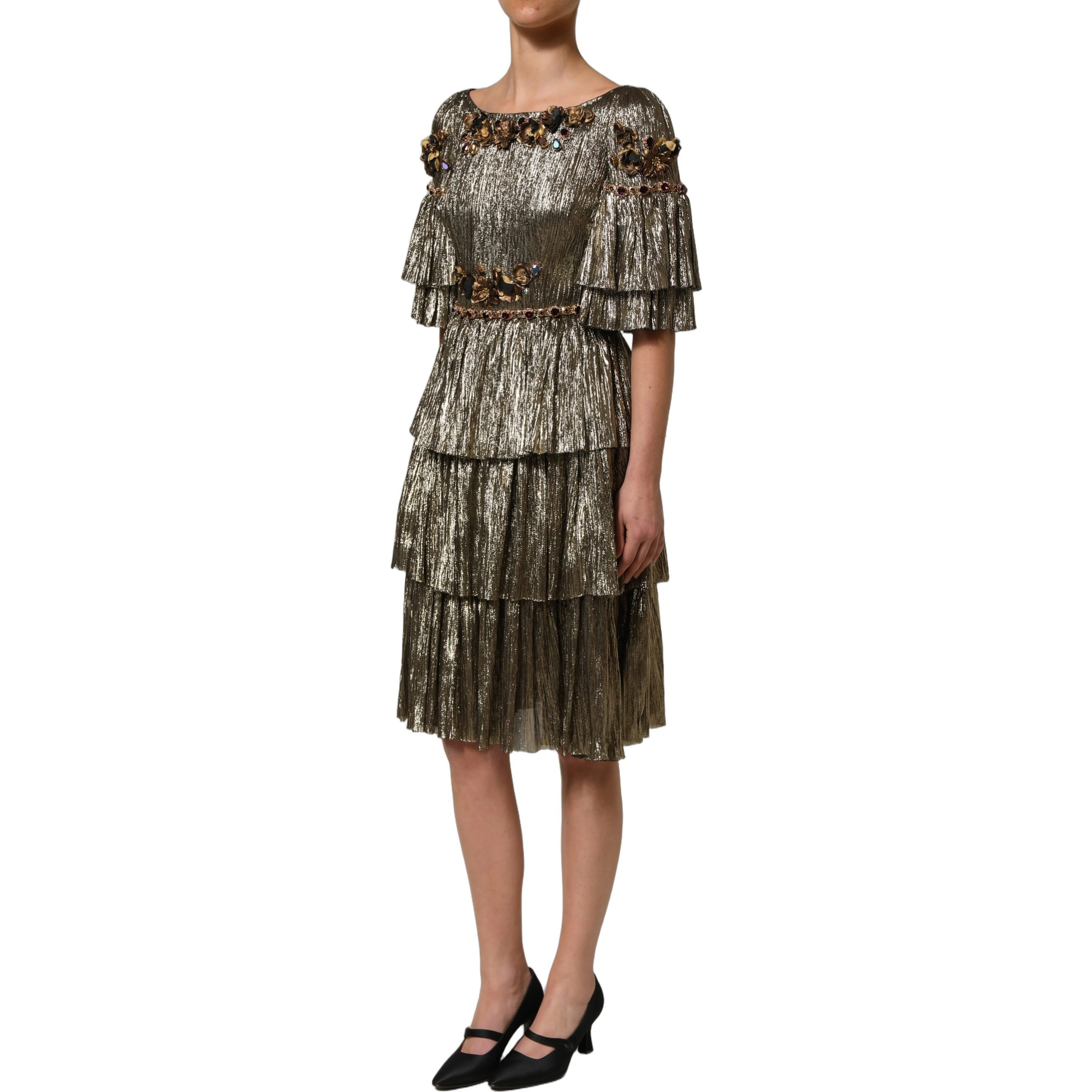 Metallic Gold Embellished Tiered Midi Dress