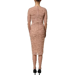Beige Cotton Mesh Ruched Sheath Midi Dress