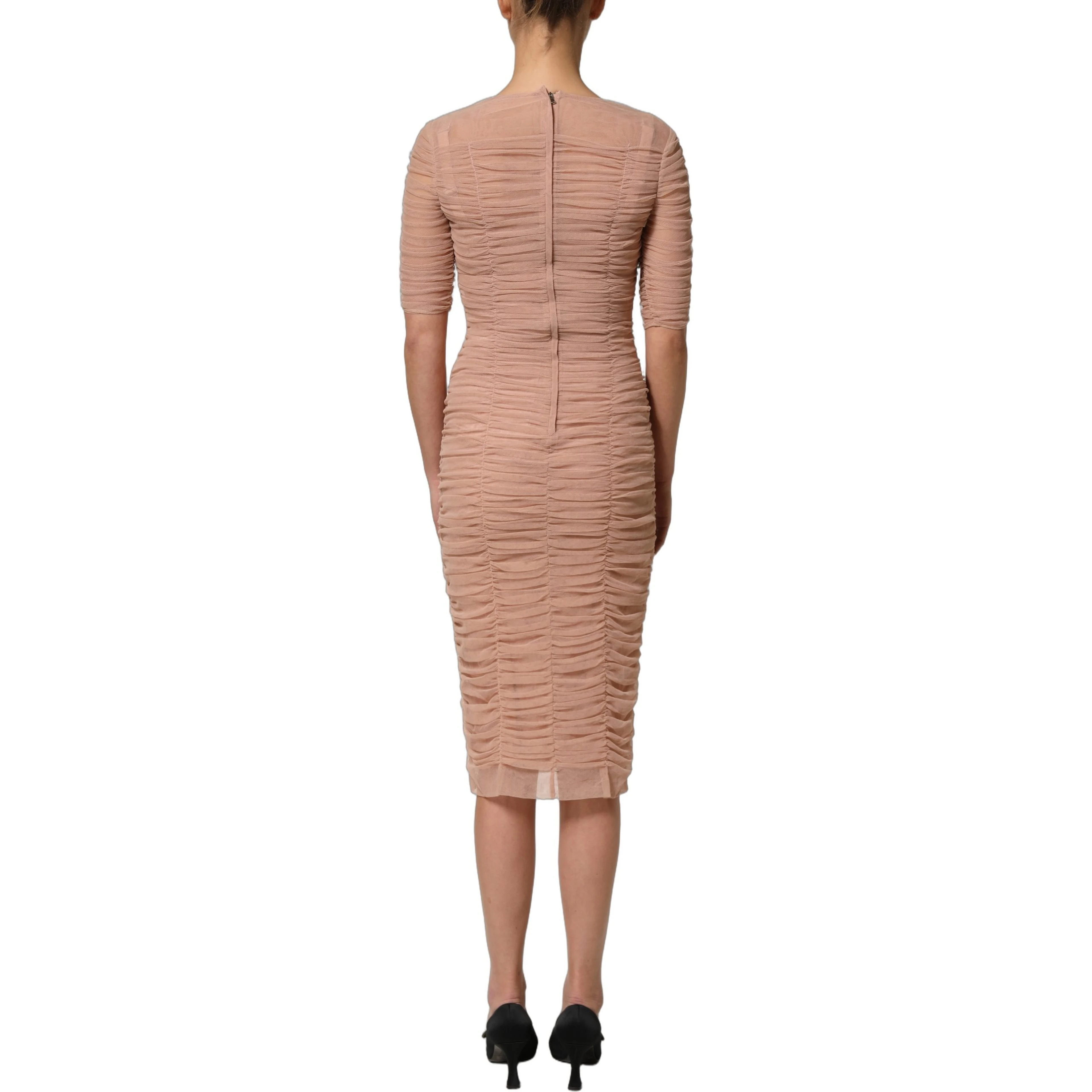 Beige Cotton Mesh Ruched Sheath Midi Dress