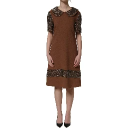 Brown Wool Rhinestone Embellished Midi Dress