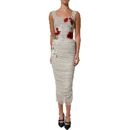 Light Gray Rose Embroidery Sheath Midi Dress