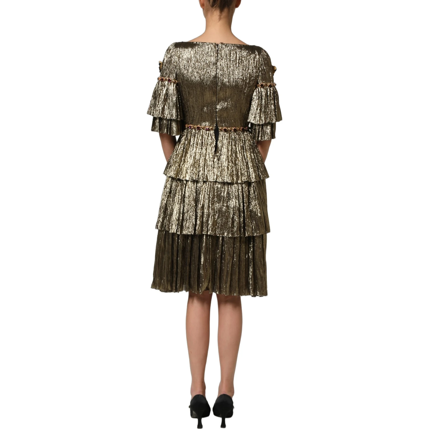 Metallic Gold Embellished Tiered Midi Dress