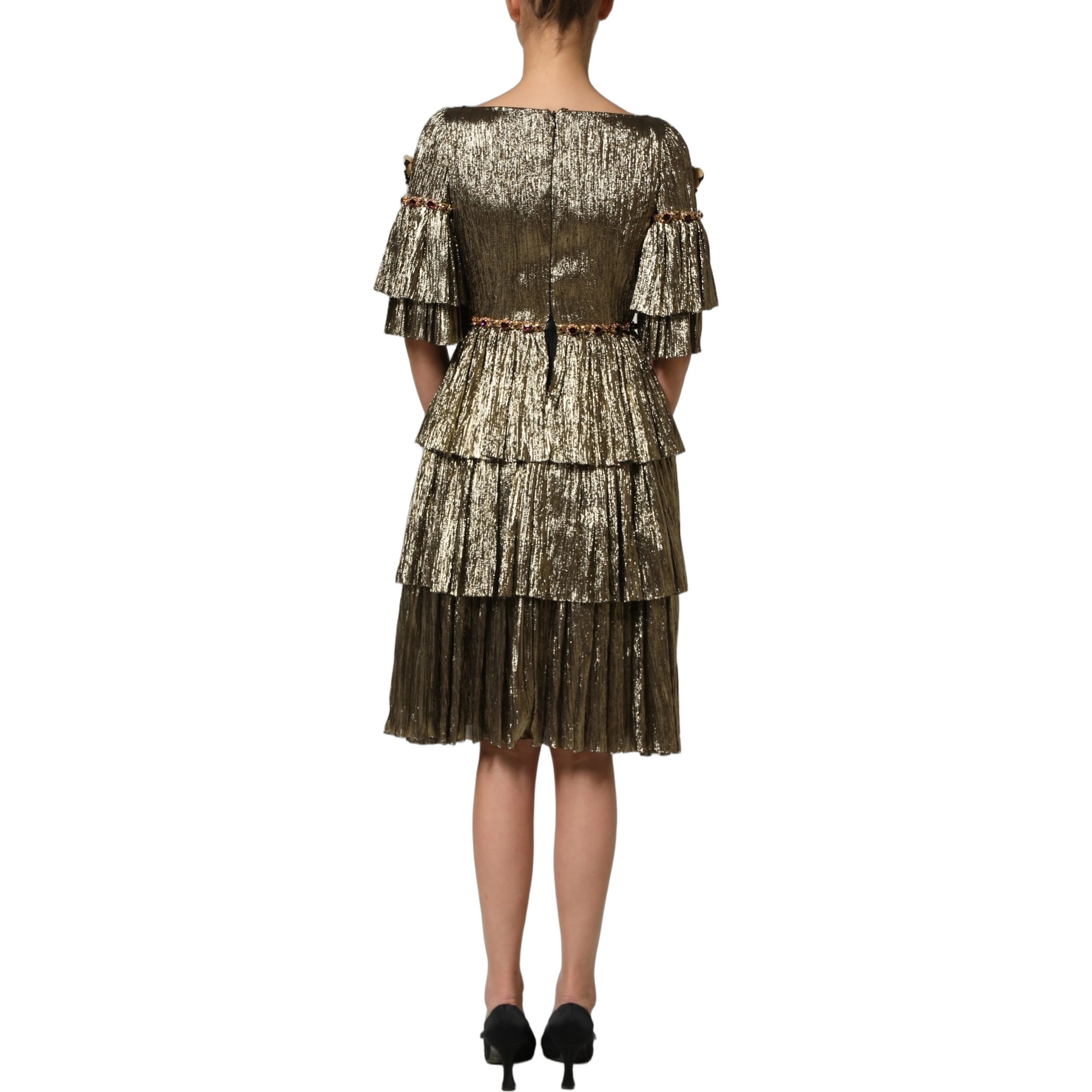 Metallic Gold Embellished Tiered Midi Dress