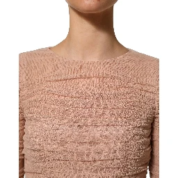 Beige Cotton Mesh Ruched Sheath Midi Dress