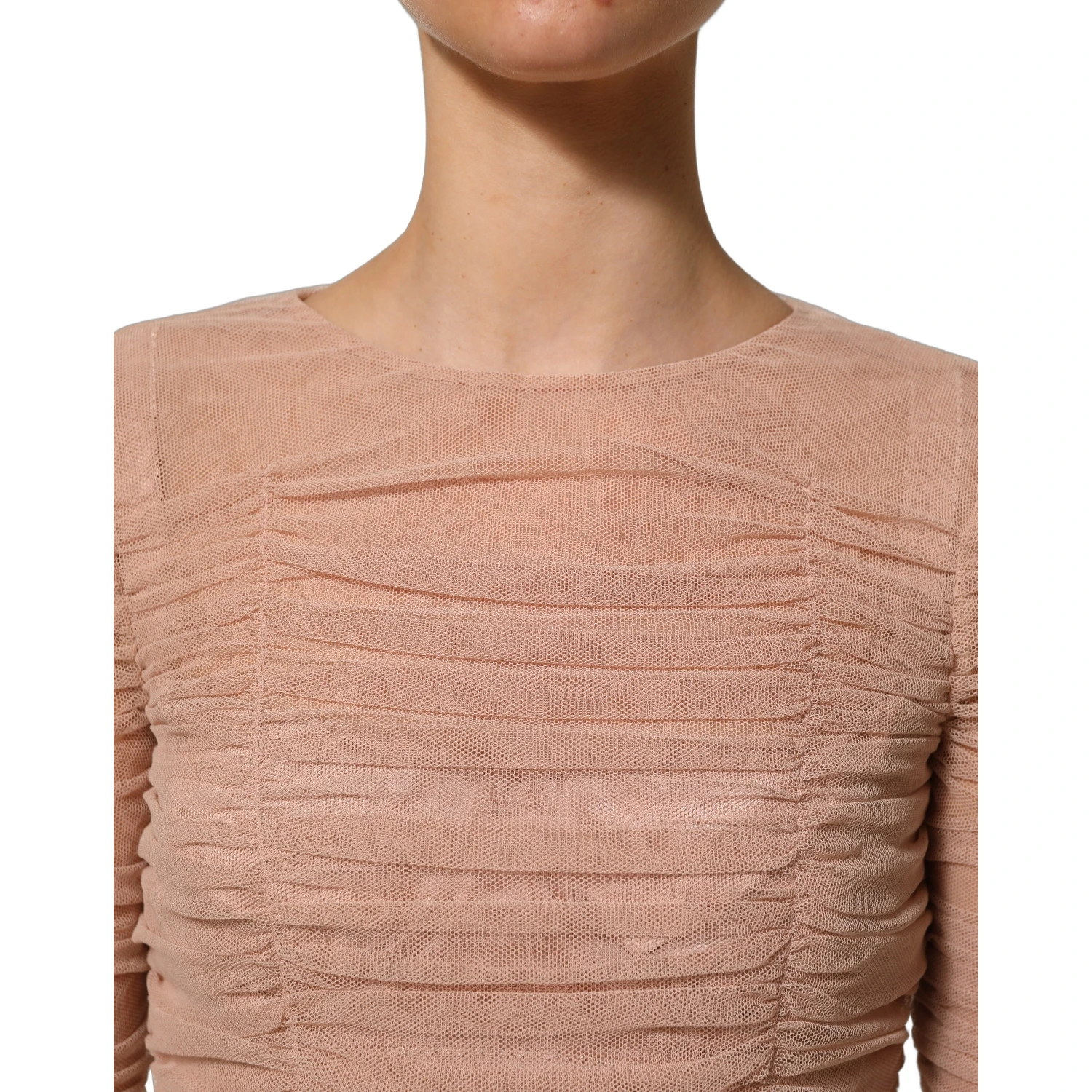 Beige Cotton Mesh Ruched Sheath Midi Dress