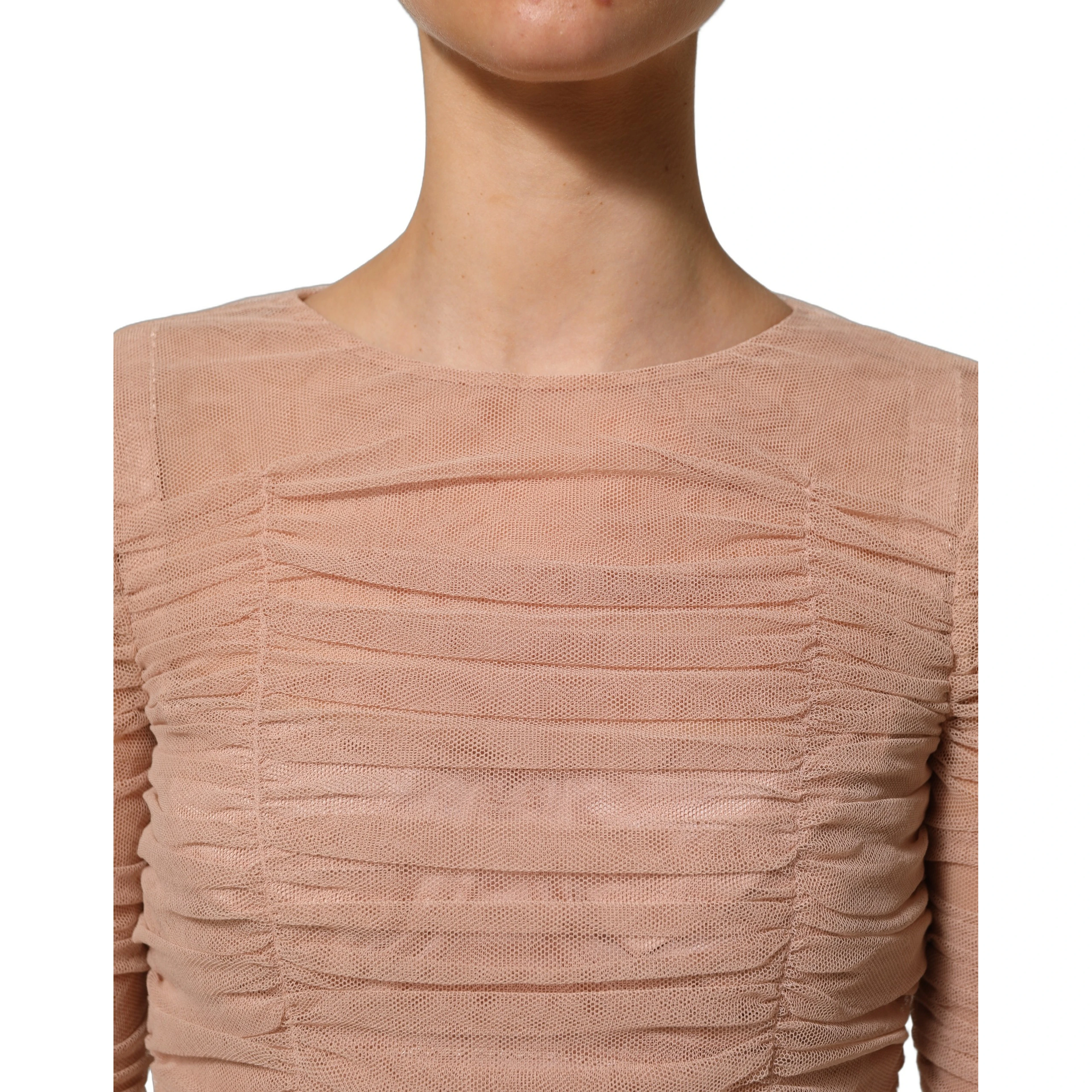 Beige Cotton Mesh Ruched Sheath Midi Dress