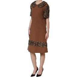 Brown Wool Rhinestone Embellished Midi Dress