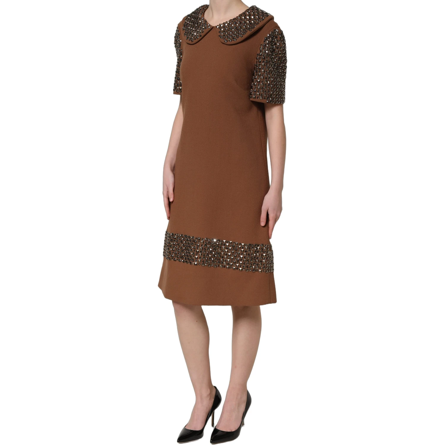 Brown Wool Rhinestone Embellished Midi Dress