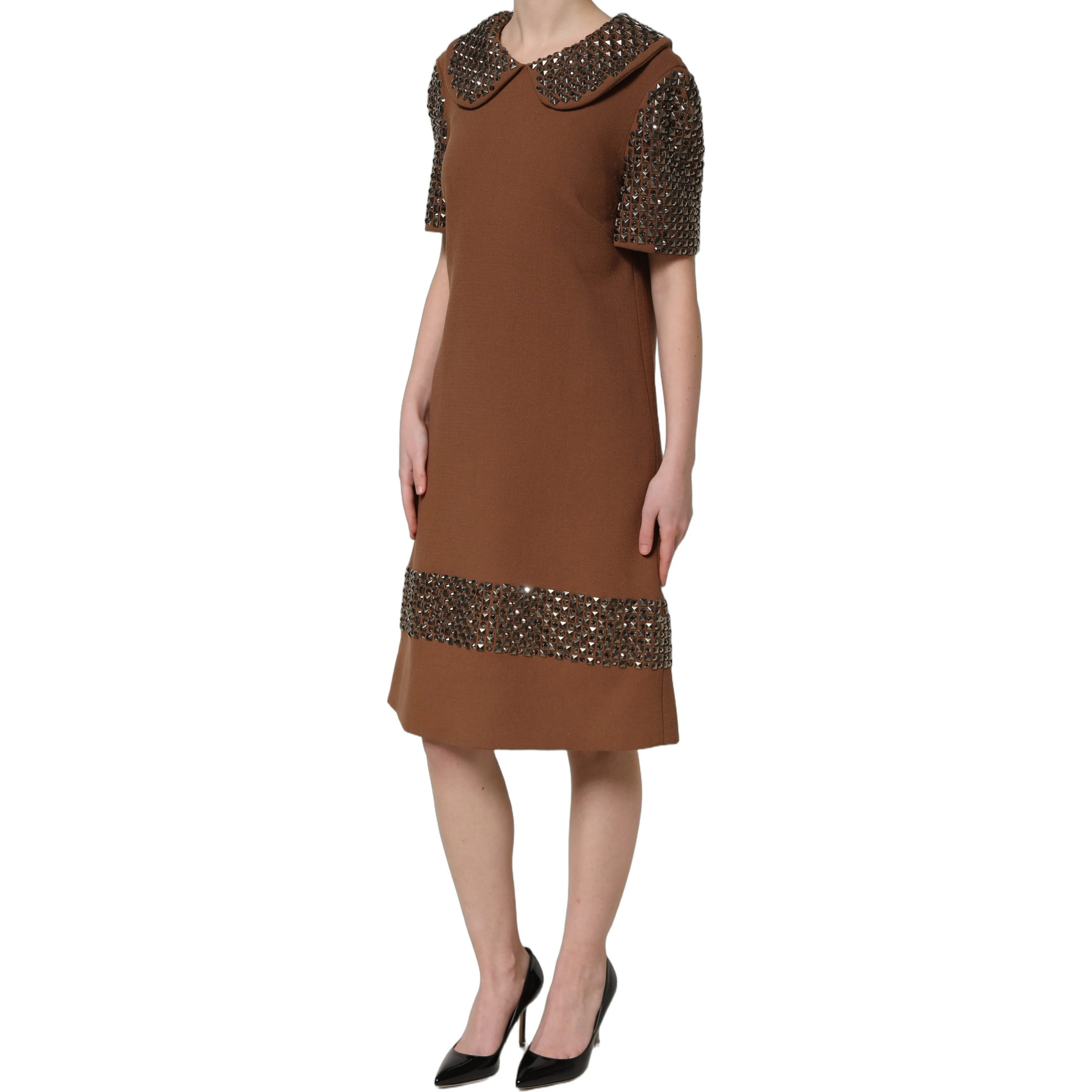 Brown Wool Rhinestone Embellished Midi Dress
