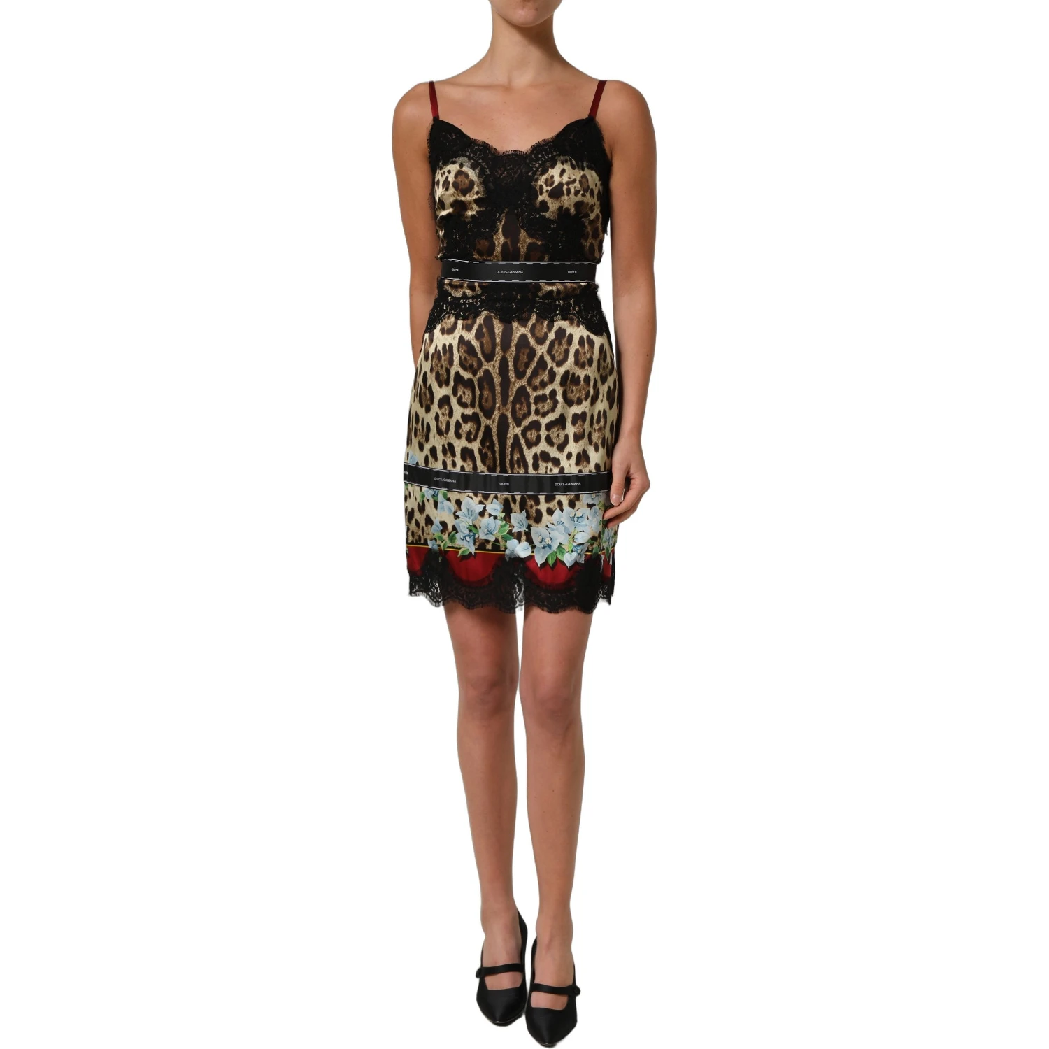 Multicolor Floral Leopard Silk Lace Trim Mini Dress