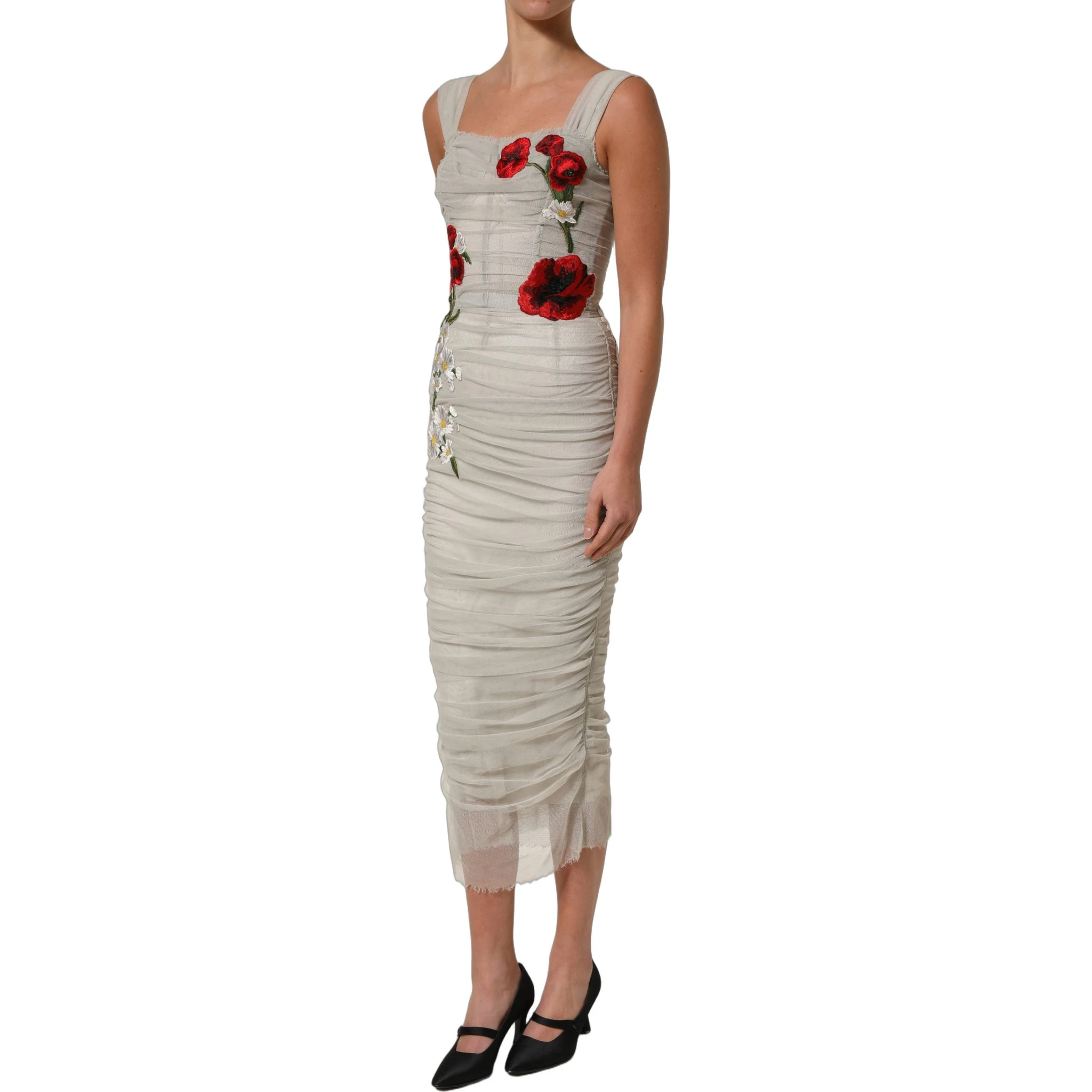 Light Gray Rose Embroidery Sheath Midi Dress