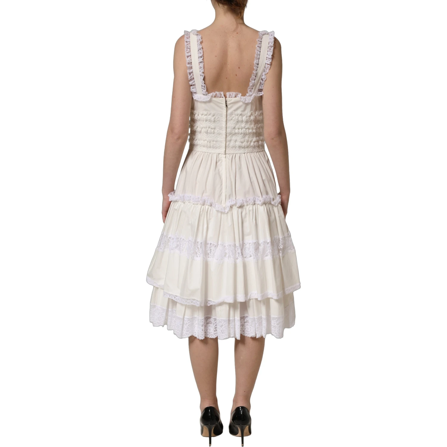 White Cotton Poplin Ruffled Midi Dress