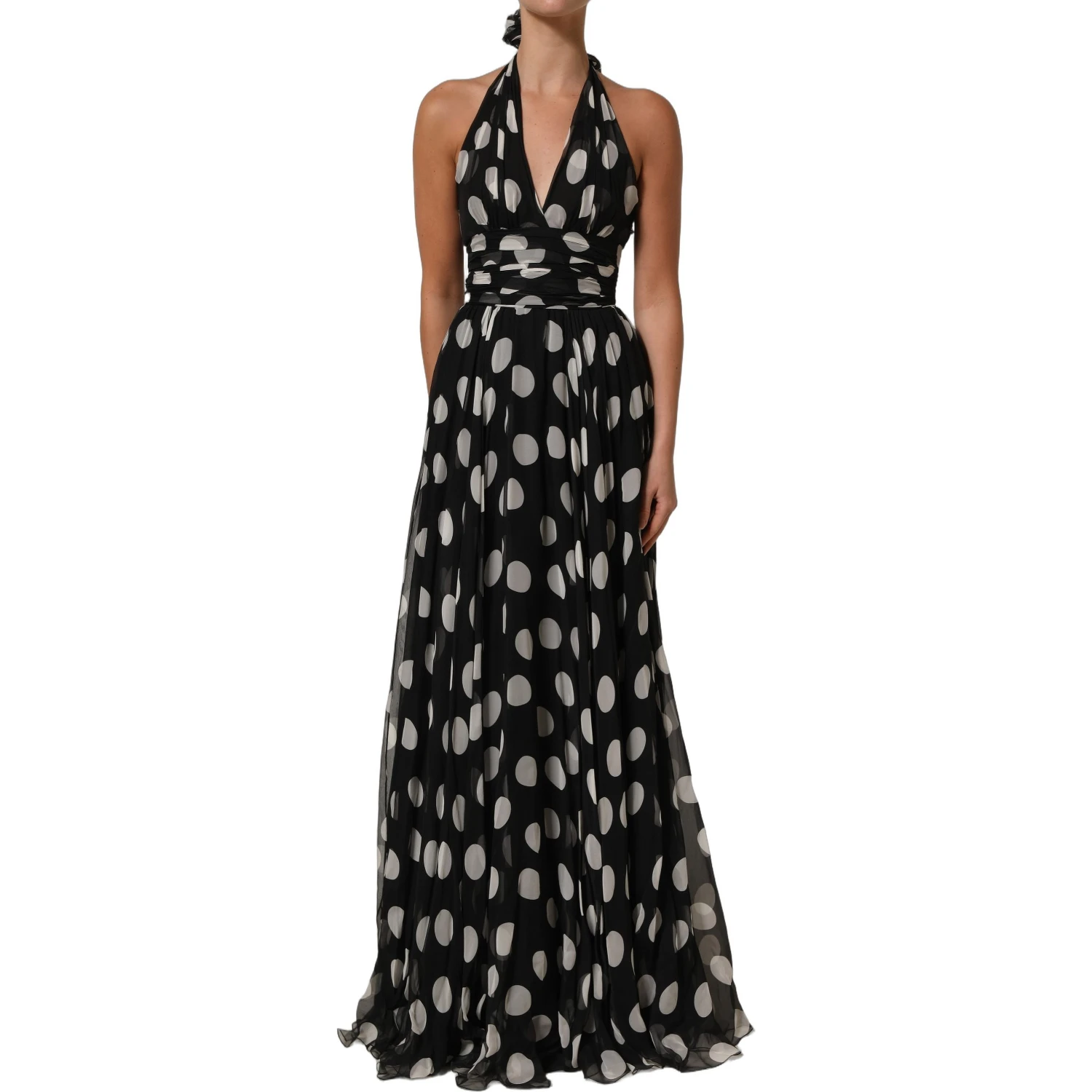 Black White Polka Dot Pleated Maxi Dress