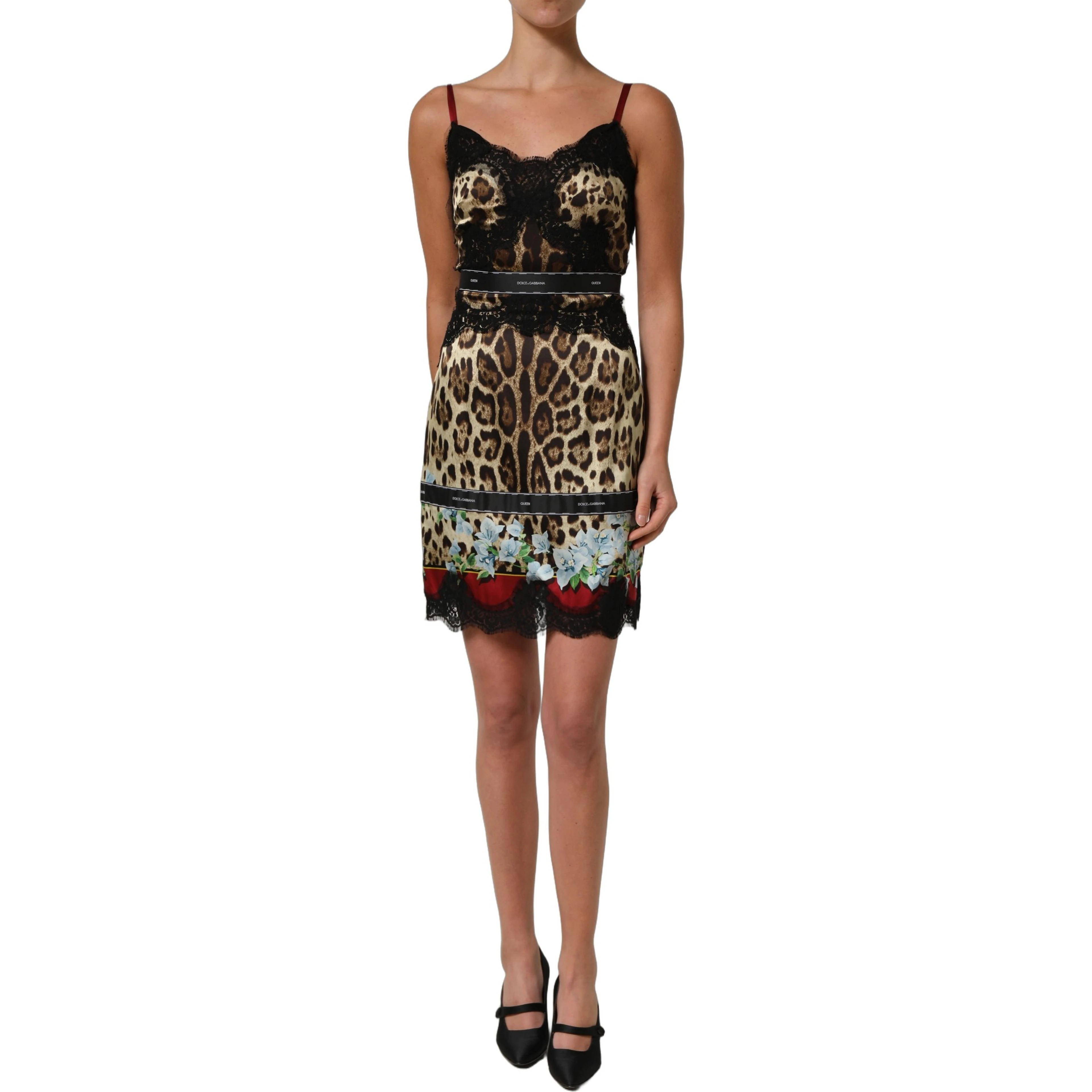 Multicolor Floral Leopard Silk Lace Trim Mini Dress