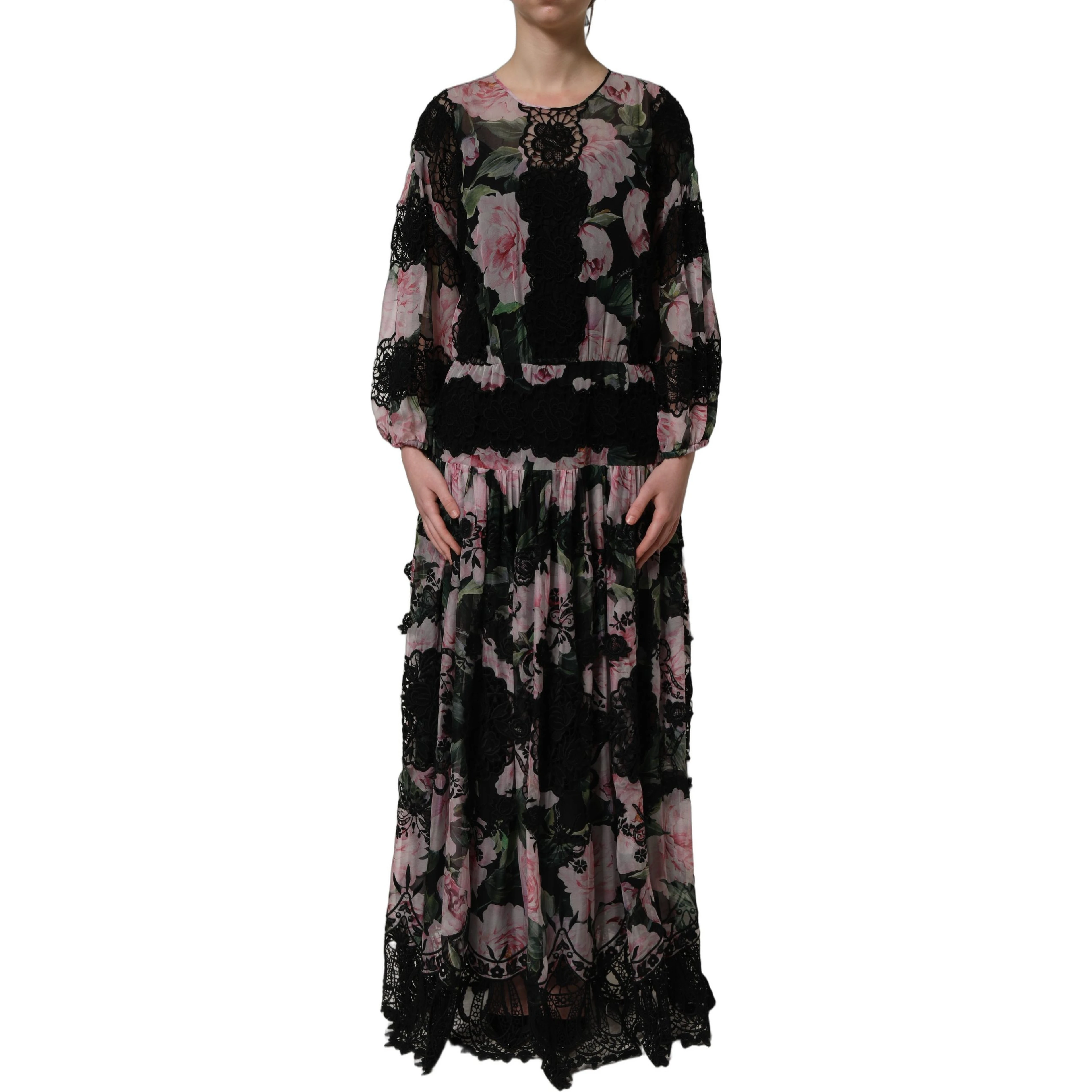 Black Floral Print Cotton Lace Maxi Dress