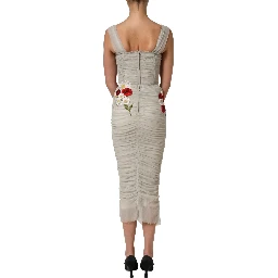 Light Gray Rose Embroidery Sheath Midi Dress