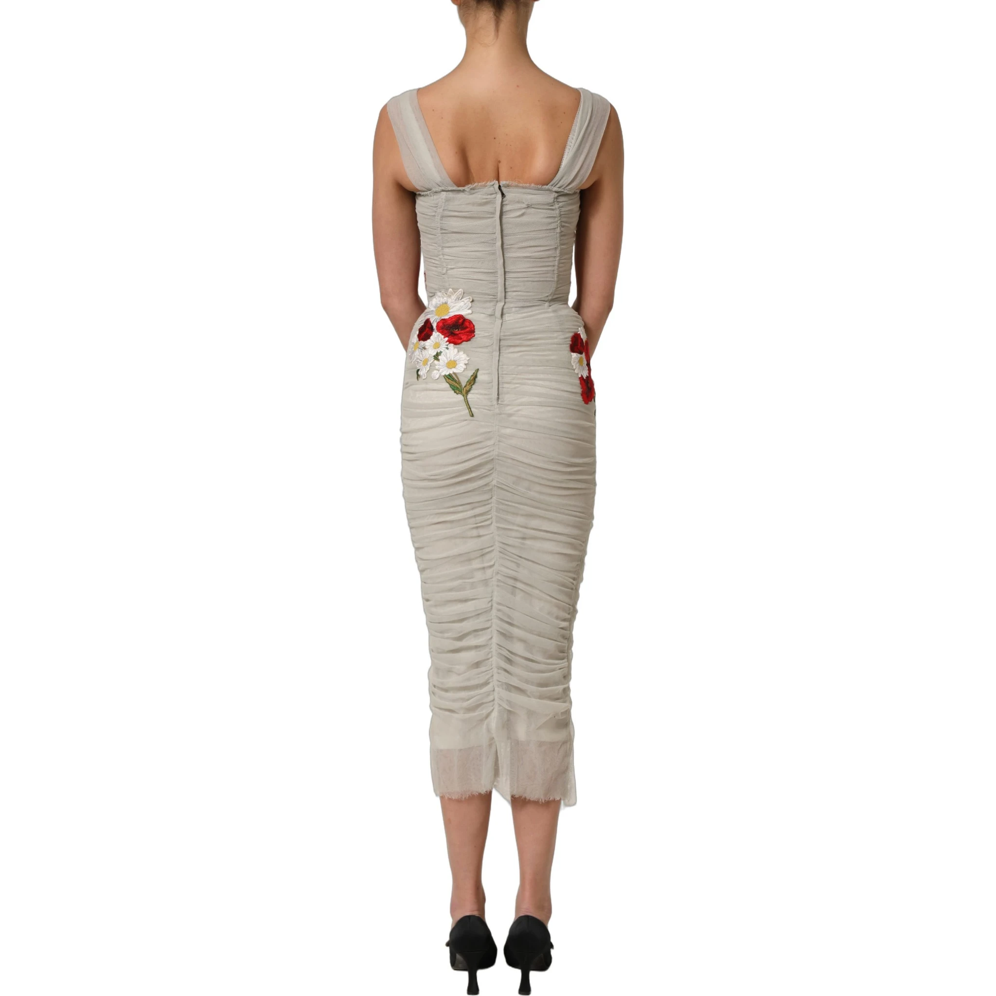 Light Gray Rose Embroidery Sheath Midi Dress