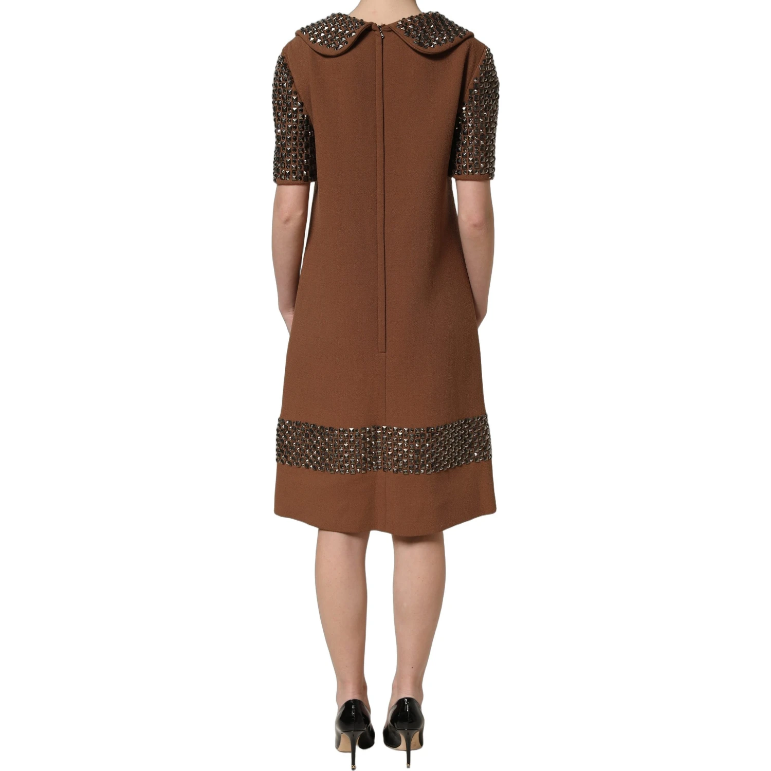 Brown Wool Rhinestone Embellished Midi Dress