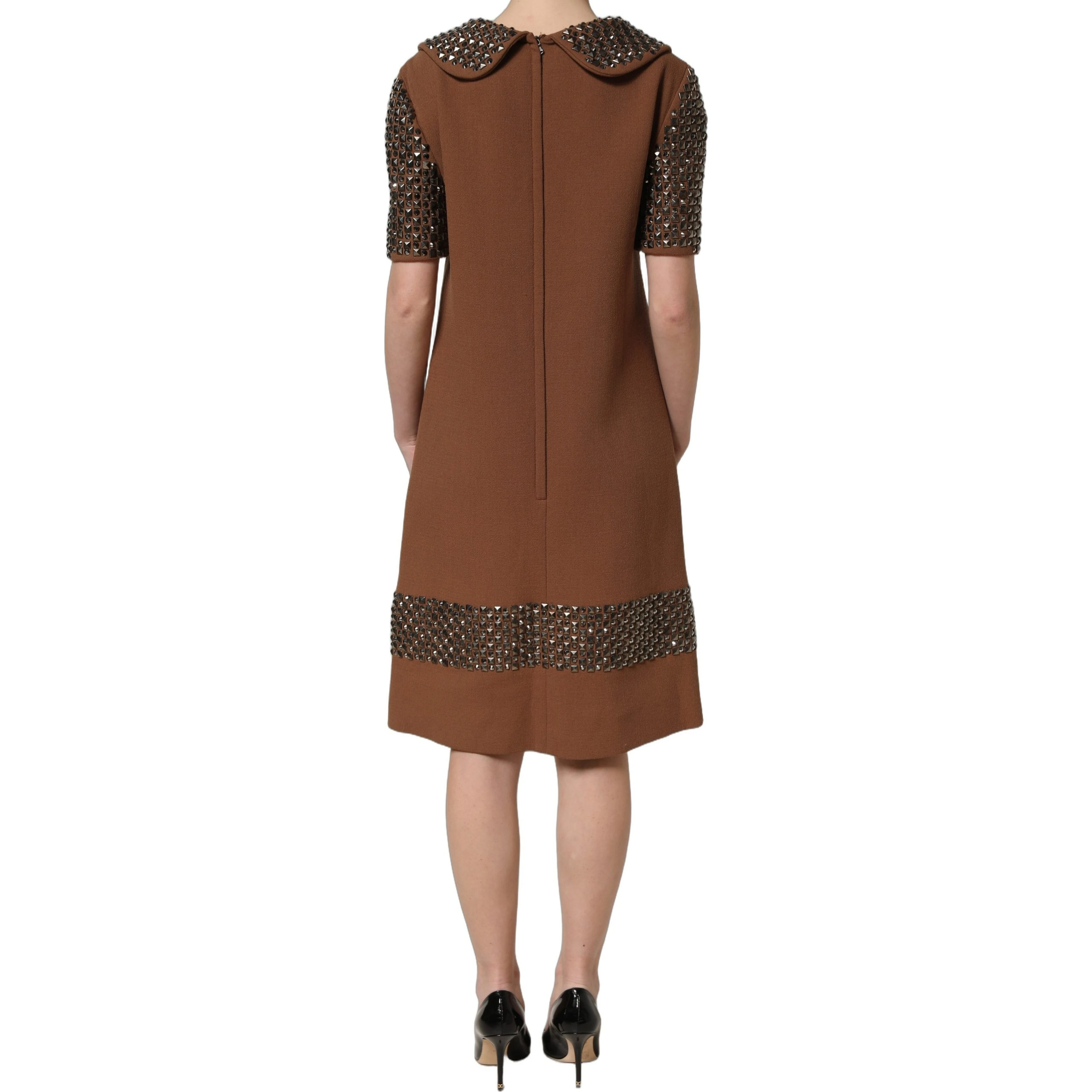Brown Wool Rhinestone Embellished Midi Dress