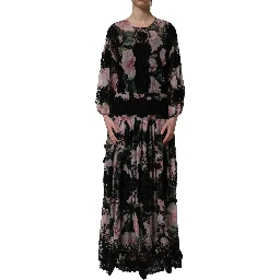 Black Floral Print Cotton Lace Maxi Dress