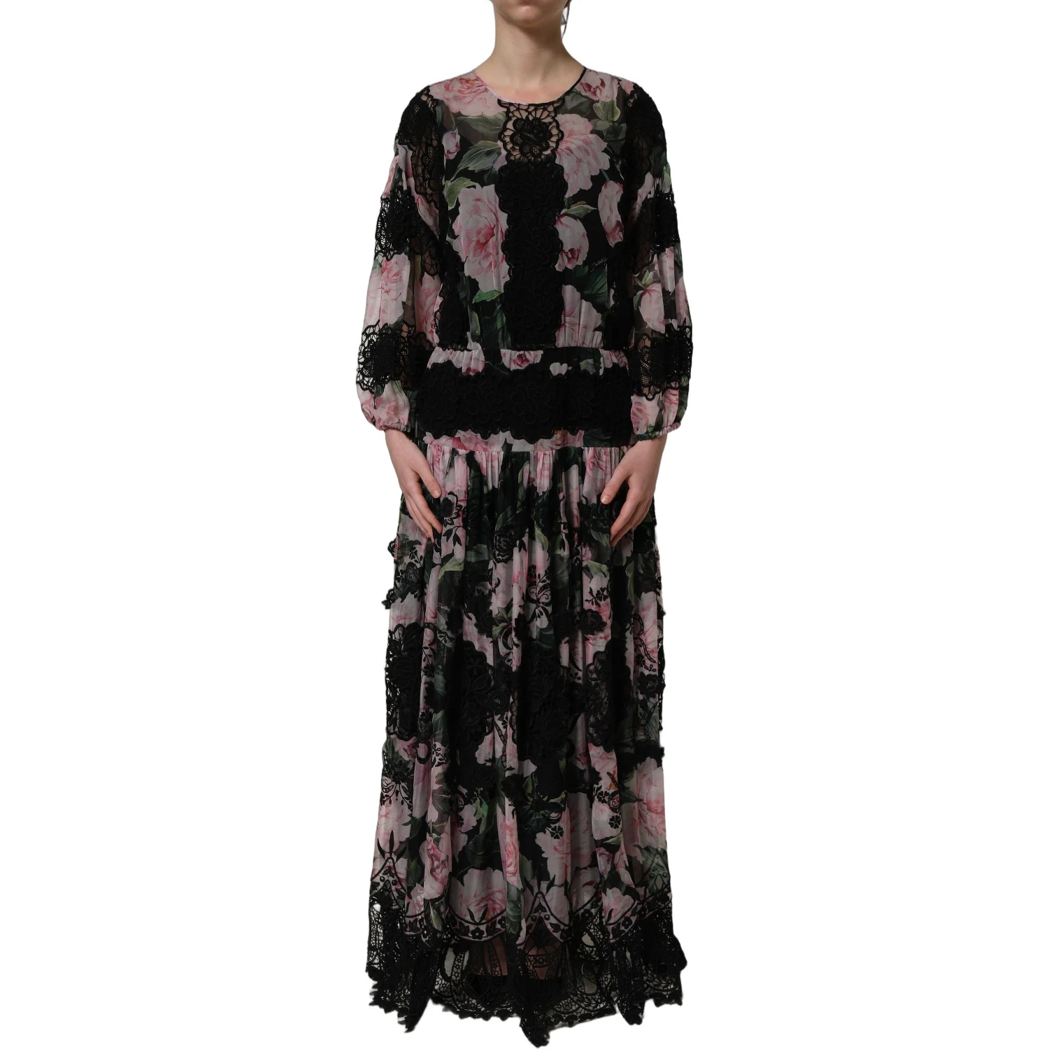 Black Floral Print Cotton Lace Maxi Dress