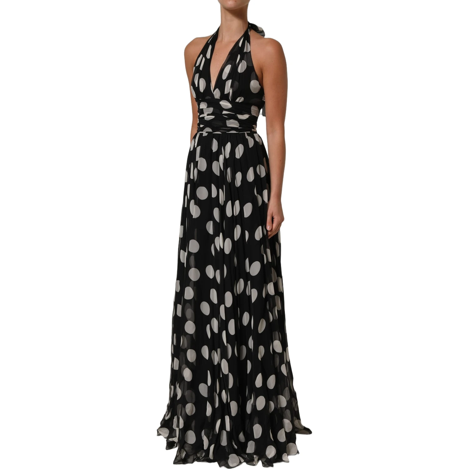 Black White Polka Dot Pleated Maxi Dress